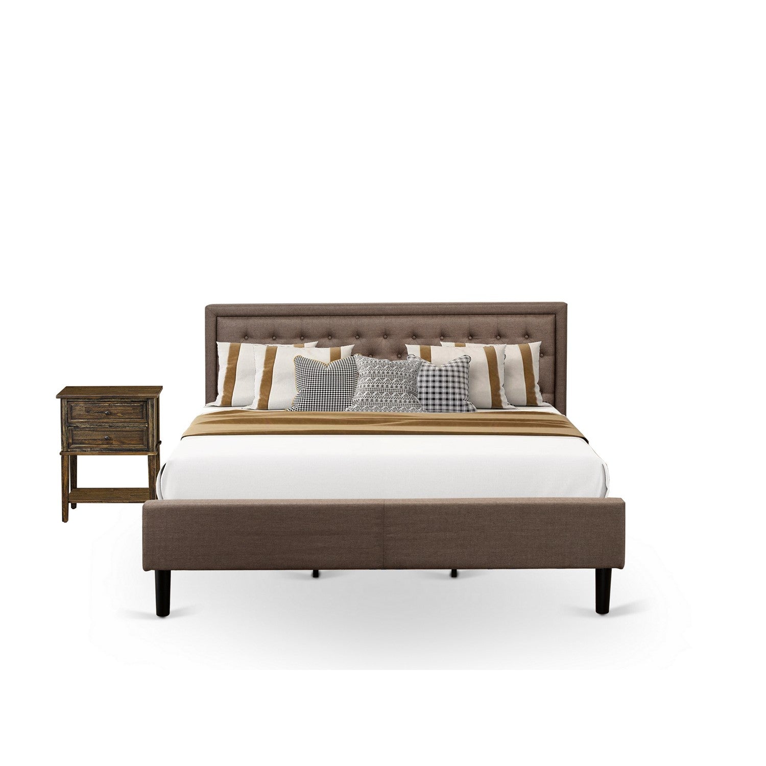 KD18K-1VL07 2 Piece Wood Bedroom Set - 1 Bed frame Brown Linen Fabric Padded and Button Tufted Headboard with 1 Nightstand - Distressed Jacobean Finish Nightstand