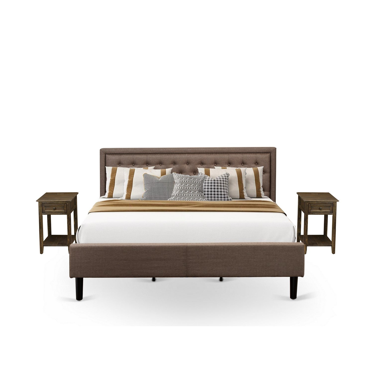 Juego de cama tamaño king de 3 piezas East West Furniture KD18K-2DE07: 1 plataforma con cabecero acolchado de lino marrón y botones, 2 mesitas de noche con cajón de madera para dormitorio, patas con acabado negro.