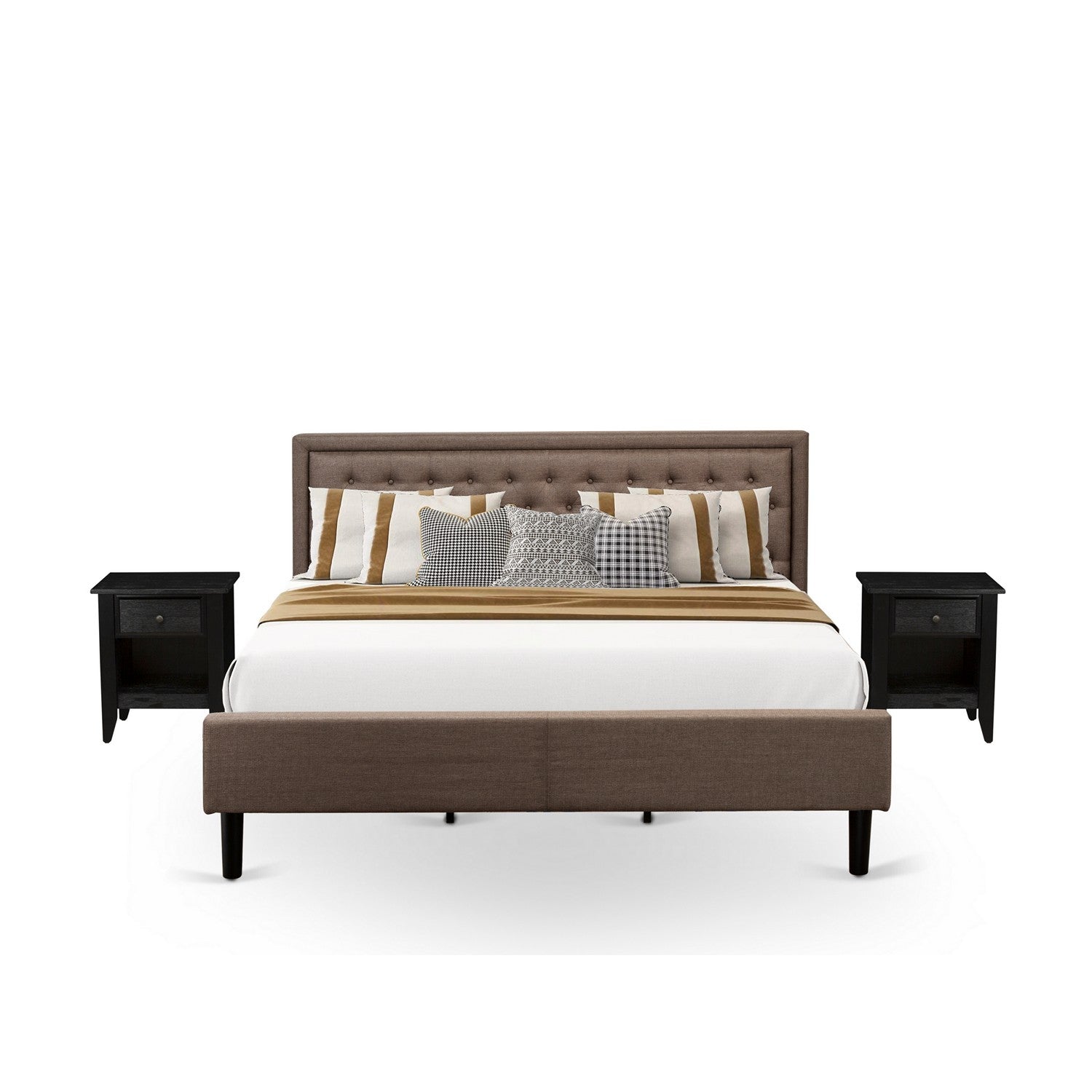 KD18K-2GA06 Juego de dormitorio de madera de 3 piezas: 1 cama king size con plataforma, cabecero acolchado de lino marrón con botones, 2 mesitas de noche con cajón de madera y patas con acabado negro.