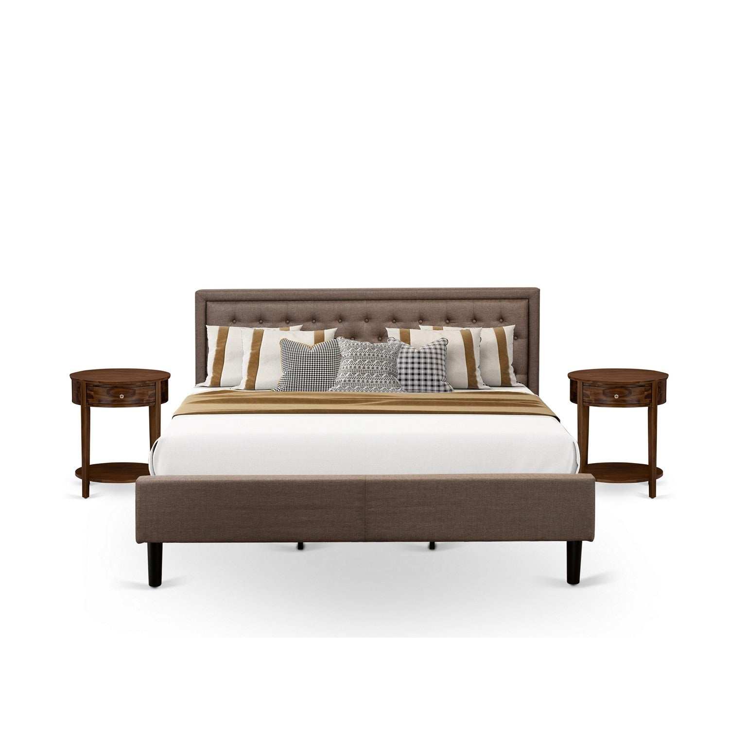 East West Furniture KD18K-2HI08 3 Piece King Size Bed Set - 1 Bed frame Brown Linen Fabric Padded and Button Tufted Headboard with 2 Wood Night Stand - Antique Walnut Finish Nightstand