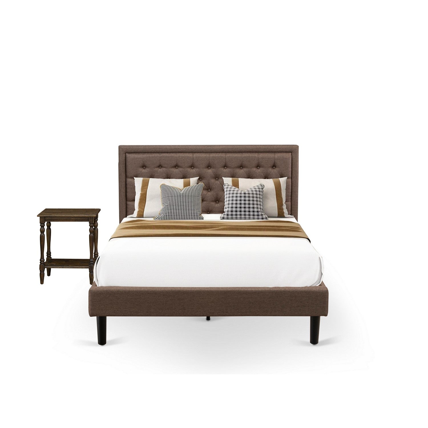 Juego de dormitorio de 2 piezas tamaño queen East West Furniture KD18Q-1BF07: 1 cama tamaño queen con cabecero acolchado de lino marrón y capitoné con botones, 1 mesita de noche de madera y patas con acabado negro.