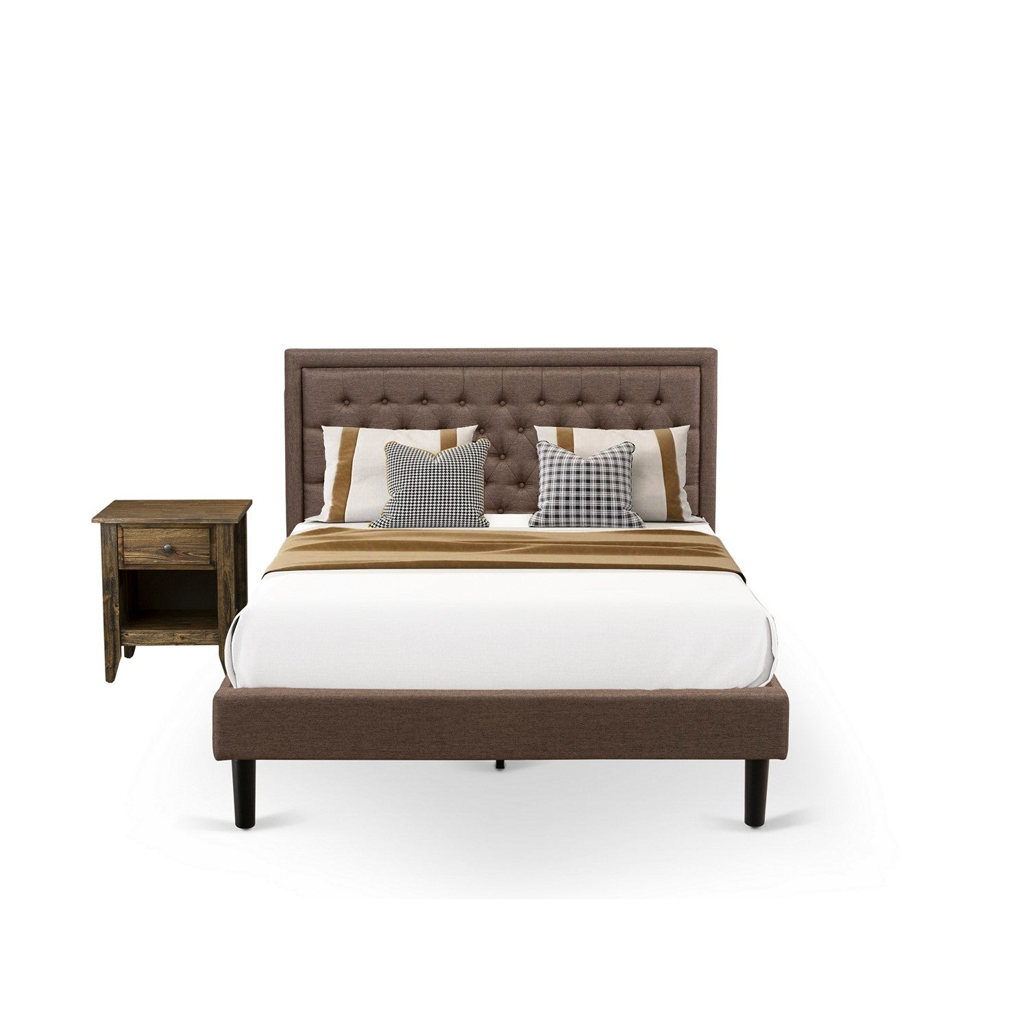 Juego de dormitorio de 2 piezas East West Furniture KD18Q-1GA07: cama tamaño queen, cabecero acolchado de lino marrón con botones, mesita de noche con cajón de madera y patas negras.