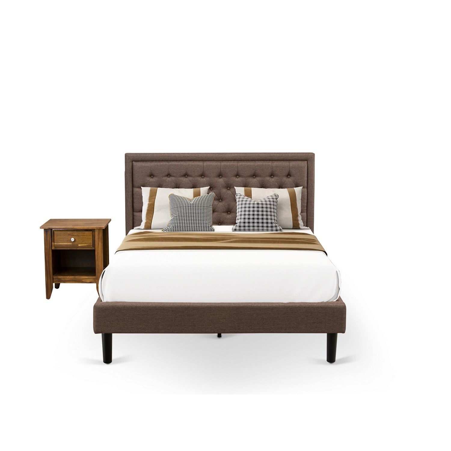 Juego de cama tamaño queen East West Furniture KD18Q-1GA08 de 2 piezas: 1 base de madera, cabecero acolchado de lino marrón con botones, 1 mesita de noche con cajón de madera y patas negras.