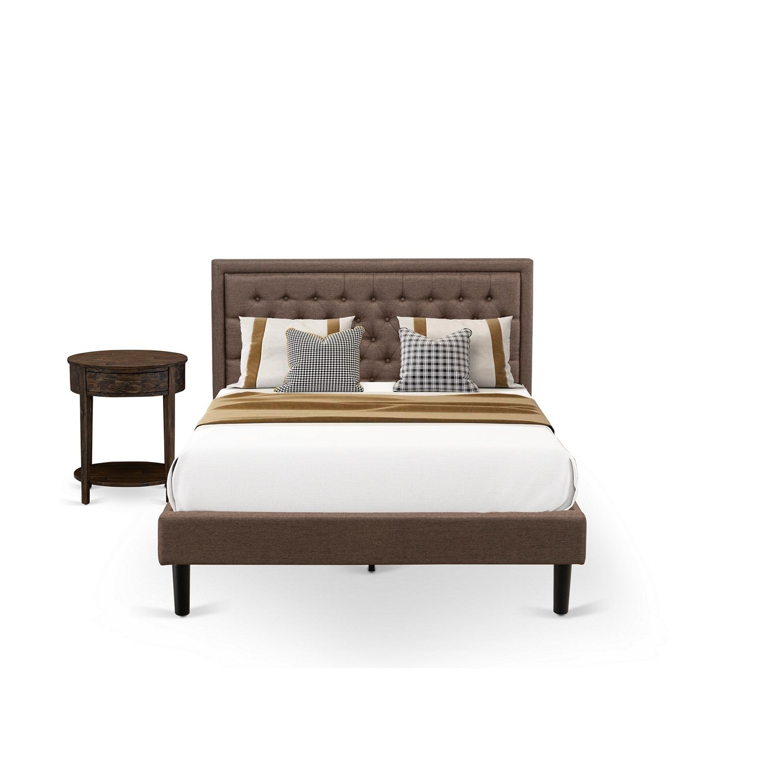 East West Furniture KD18Q-1HI07 2 Piece Bed Set Queen - 1 Queen Bed Brown Linen Fabric Padded and Button Tufted Headboard with 1 Wood Nightstand - Distressed Jacobean Finish Nightstand