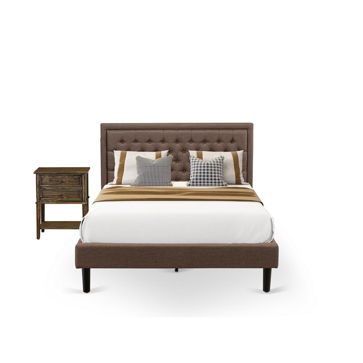 KD18Q-1VL07 2 Piece Bed Set - 1 Platform Queen Bed Frame Brown Linen Fabric Padded and Button Tufted Headboard with 1 Wooden Nightstand - Distressed Jacobean Finish Nightstand