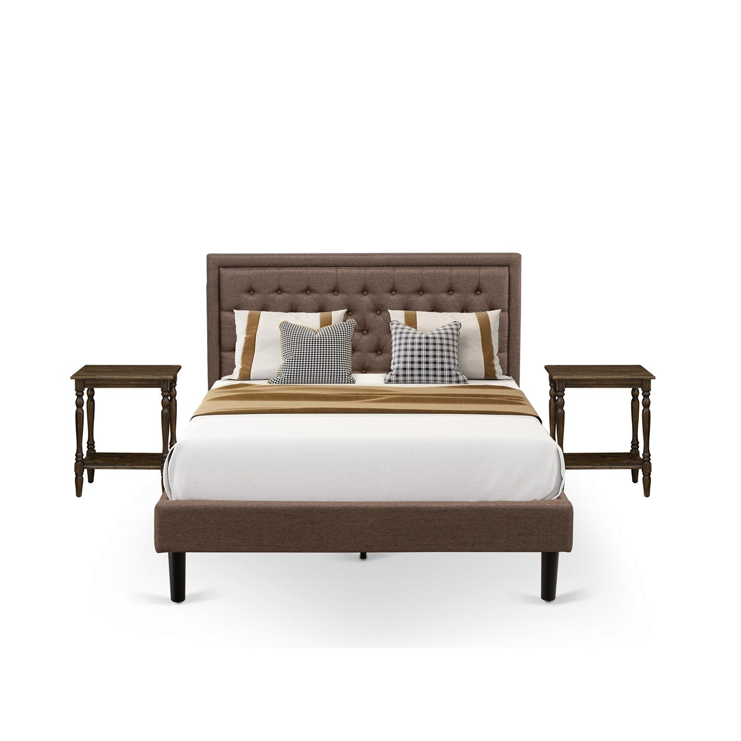 Juego de cama tamaño queen de 3 piezas East West Furniture KD18Q-2BF07: 1 cama tamaño queen con plataforma, cabecero acolchado de lino marrón con botones y 2 mesitas de noche pequeñas, patas con acabado negro.