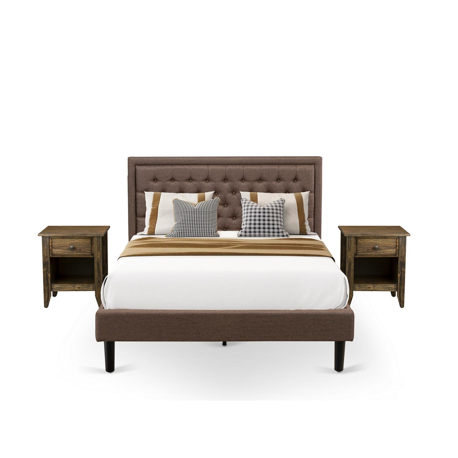 East West Furniture KD18Q-2GA07 3 Piece Queen Bed Set - 1 Queen Bed frame Brown Linen Fabric Padded and Button Tufted Headboard with 2 Modern Nightstand - Distressed Jacobean Finish Nightstand