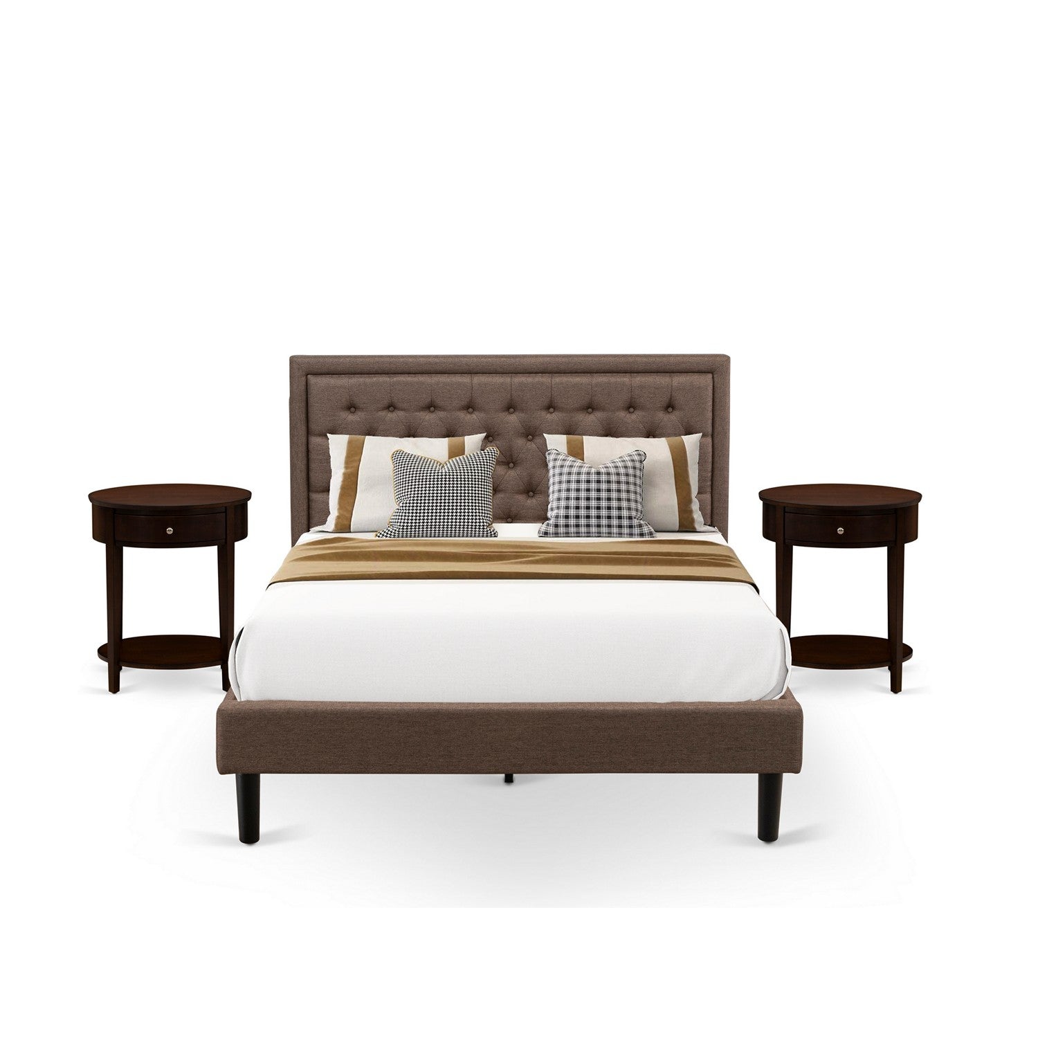 East West Furniture KD18Q-2HI0M 3 Piece Queen Size Bed Set - 1 Queen Bed Brown Linen Fabric Padded and Button Tufted Headboard with 2 nightstands - Antique Mahogany Finish Nightstand