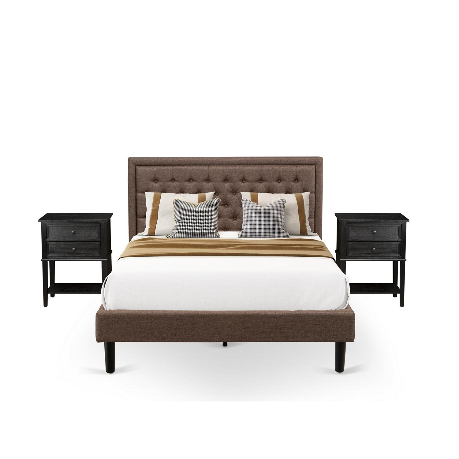 Juego de cama tamaño queen de 3 piezas East West Furniture KD18Q-2VL06: 1 cama tamaño queen con plataforma, cabecero acolchado con botones y tela de lino marrón, 2 mesitas de noche pequeñas con cajones de madera y patas con acabado negro.
