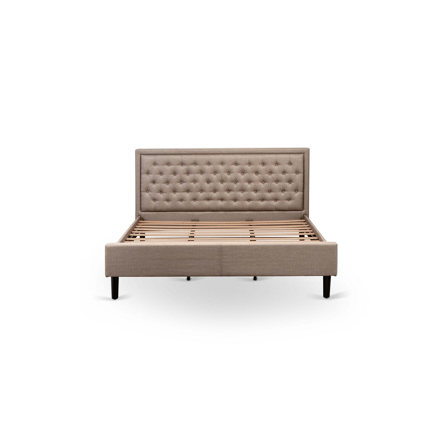 Juego de dormitorio de 3 piezas East West Furniture KD16K-2HI08: 1 cama con plataforma, cabecero acolchado con botones y tela de lino color caqui oscuro, 2 mesitas de noche pequeñas con cajón de madera y patas con acabado negro.