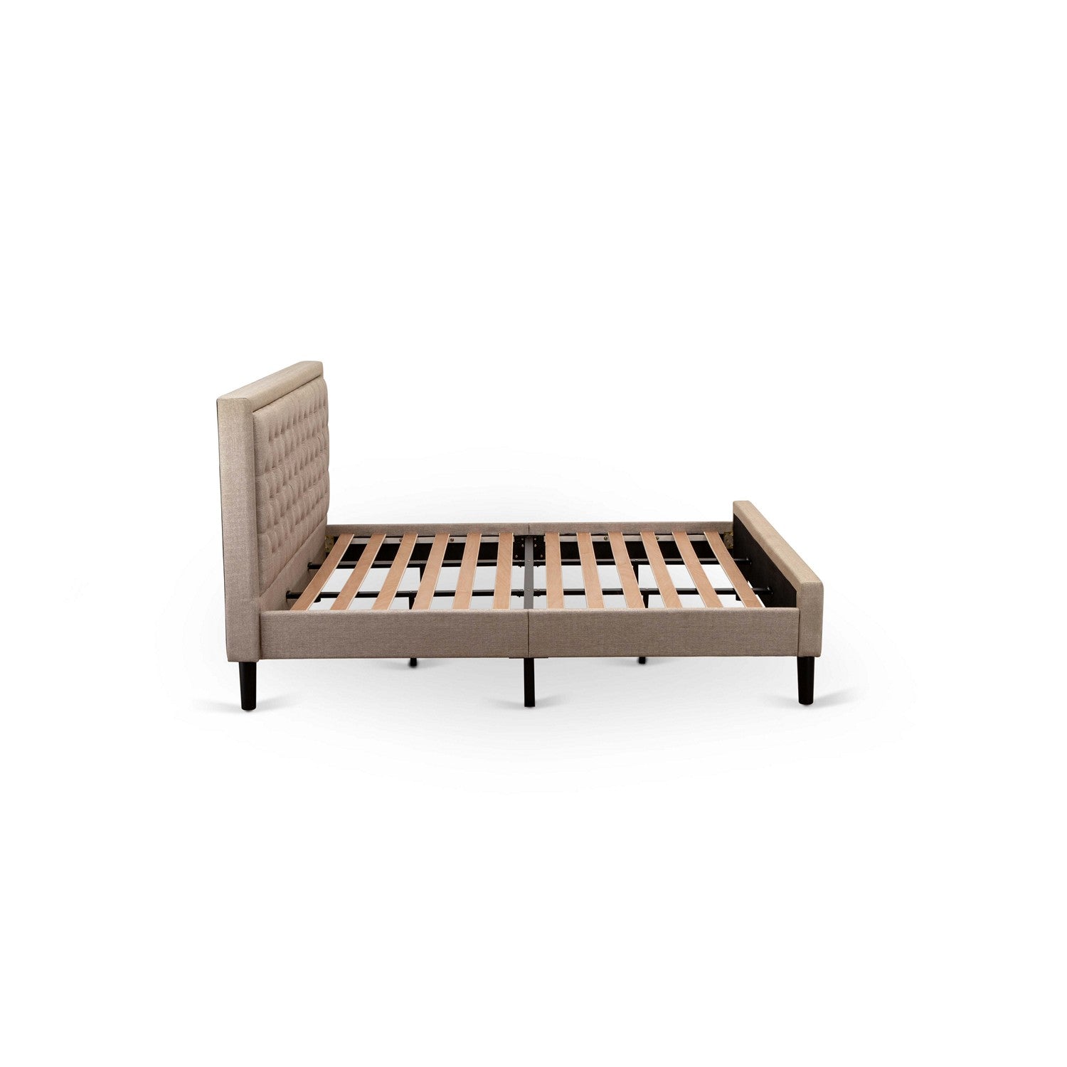 Juego de cama de 3 piezas KD16K-2VL0C: 1 cama de madera con cabecero acolchado y capitoné de lino color caqui oscuro, 2 mesitas de noche de madera con cajones de madera y patas con acabado negro.