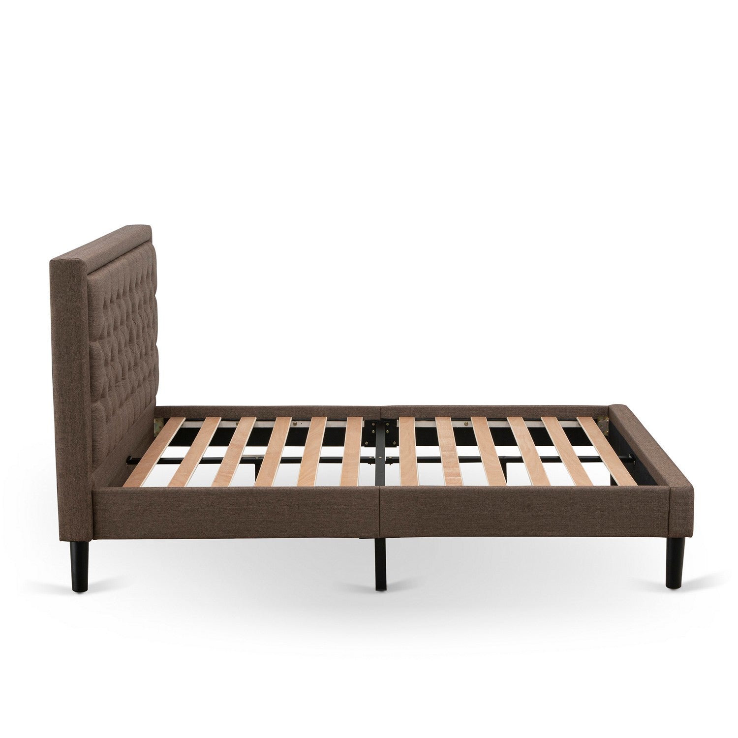 Juego de cama de 3 piezas KD18Q-2GA08: 1 cama tamaño queen con cabecero acolchado de lino marrón y botones, 2 mesitas de noche pequeñas con cajones de madera para dormitorio, patas con acabado negro.