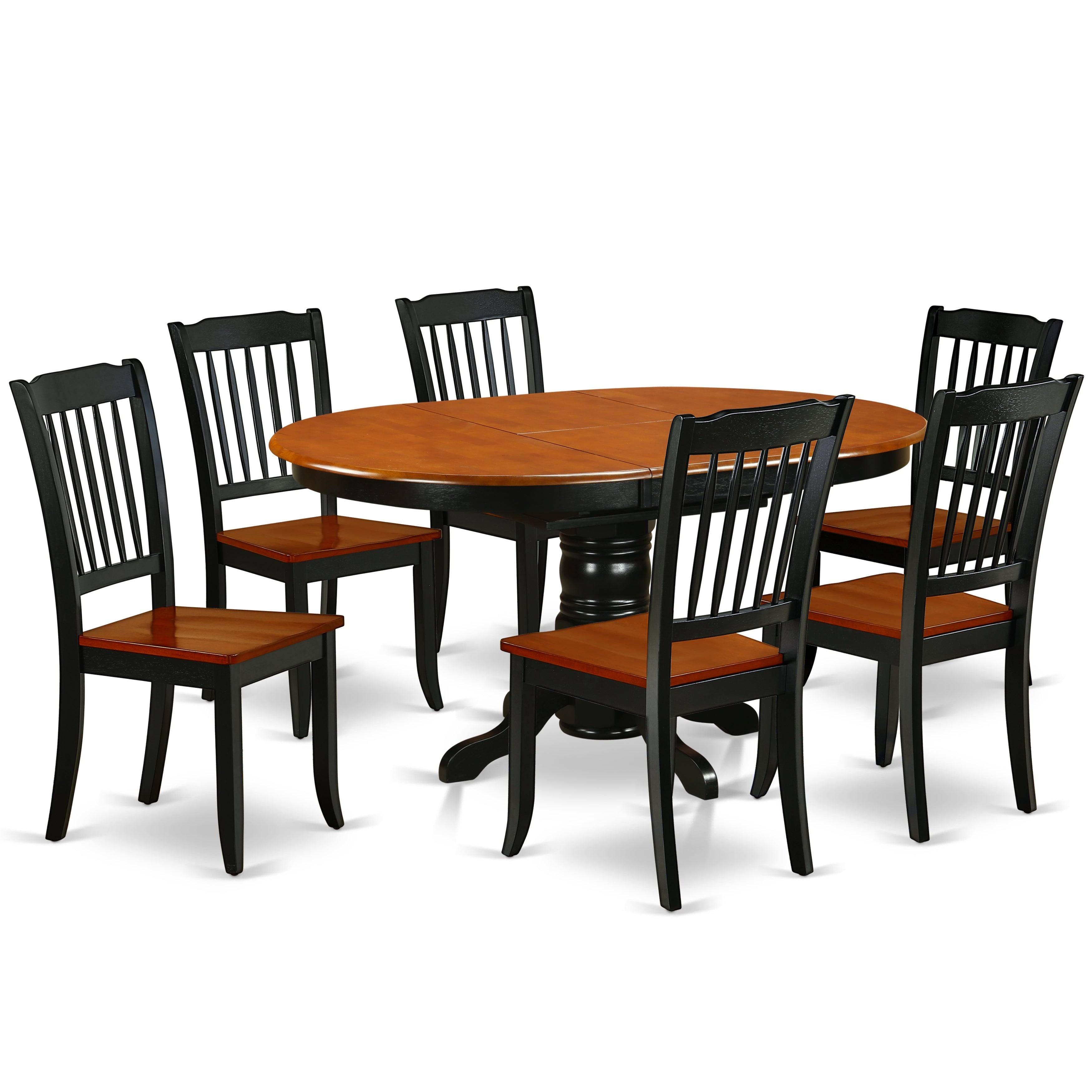 Juego de comedor de 7 piezas KEDA7-BCH-W de East West Furniture. Consta de una mesa de comedor ovalada con hojas de mariposa y 6 sillas con asiento de madera.