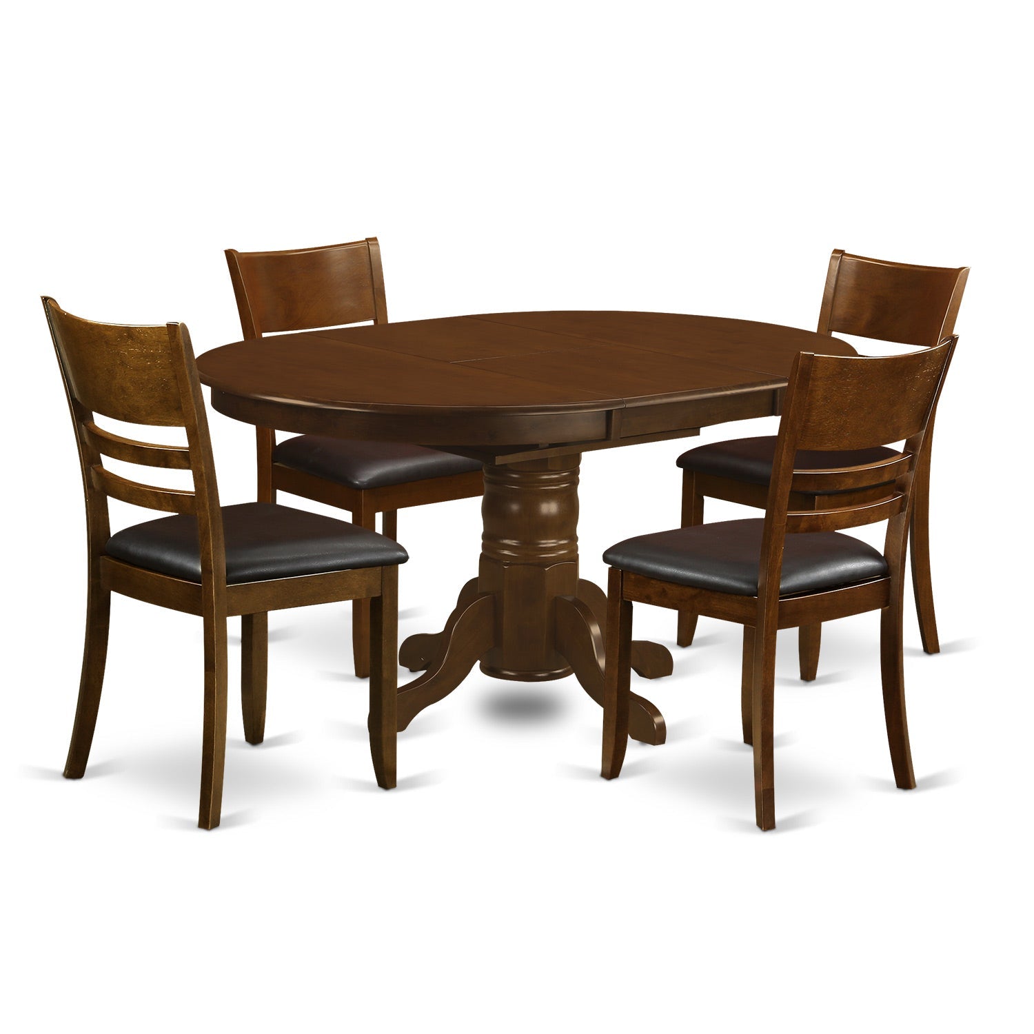 El juego de mesa y sillas de cocina de 5 piezas KELY5-ESP-LC de East West Furniture incluye una mesa de comedor ovalada con hojas de mariposa y 4 sillas tapizadas en piel sintética.