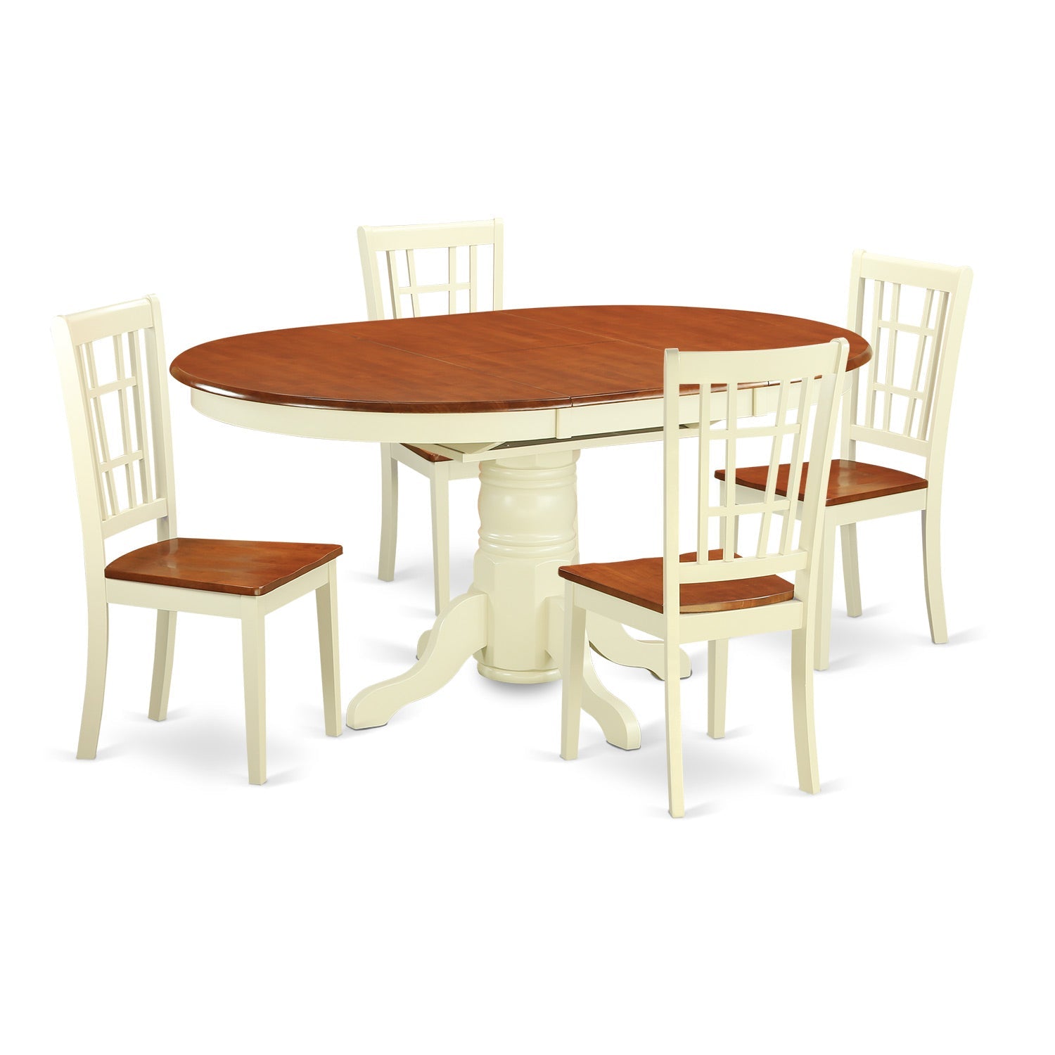 Juego de comedor de 5 piezas KENI5-WHI-W de East West Furniture para 4 personas. Incluye una mesa de comedor ovalada con diseño de hojas de mariposa y 4 sillas de comedor de cocina.