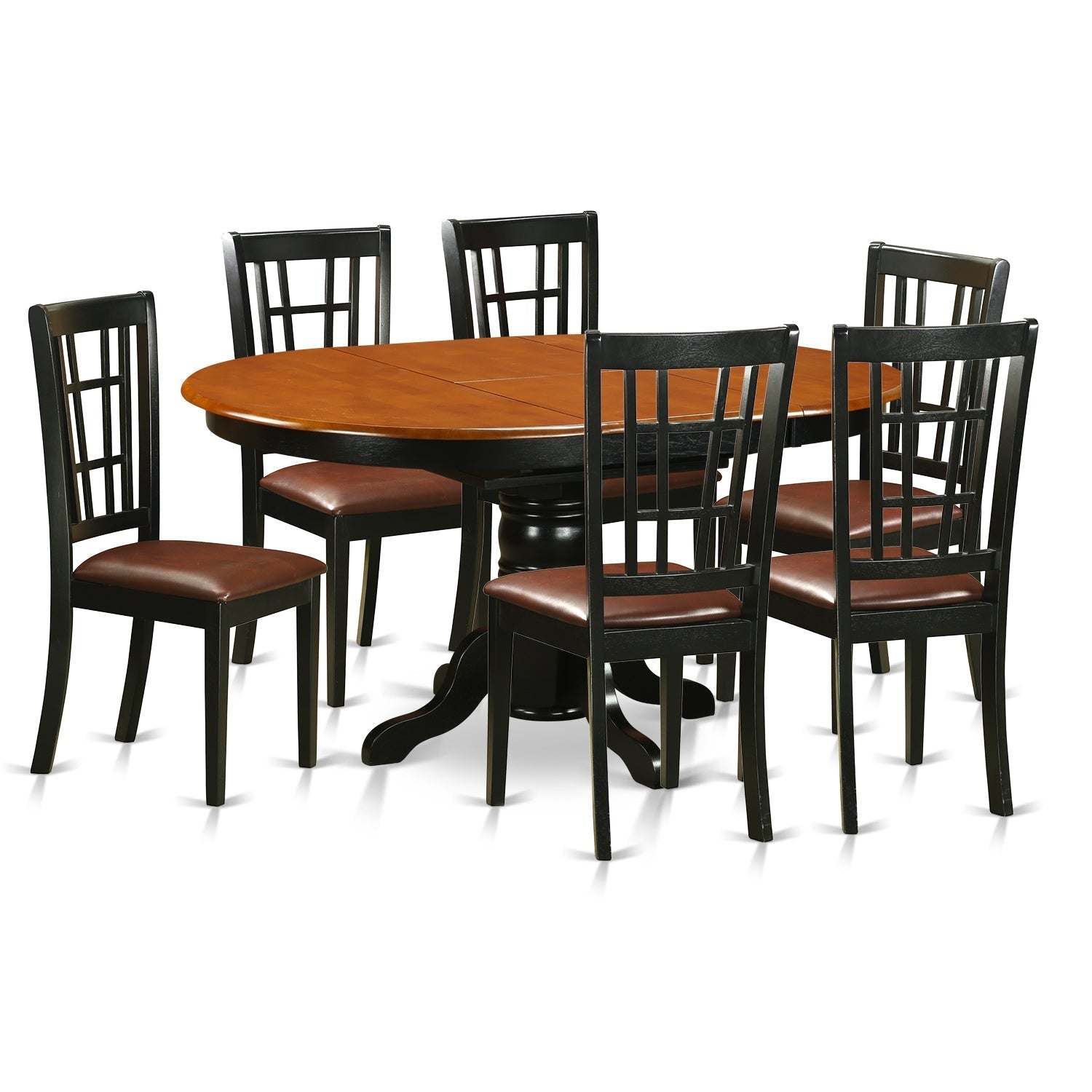 Juego de comedor de 7 piezas KENI7-BCH-LC de East West Furniture: mesa de cocina ovalada con diseño de hojas de mariposa y 6 sillas tapizadas en piel sintética.