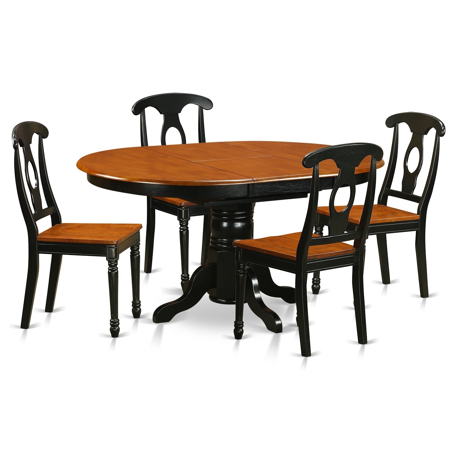 Juego de mesa de cocina de 5 piezas East West Furniture KENL5-BLK-W para 4 personas. Incluye una mesa de comedor ovalada con diseño de hojas de mariposa y 4 sillas de comedor.