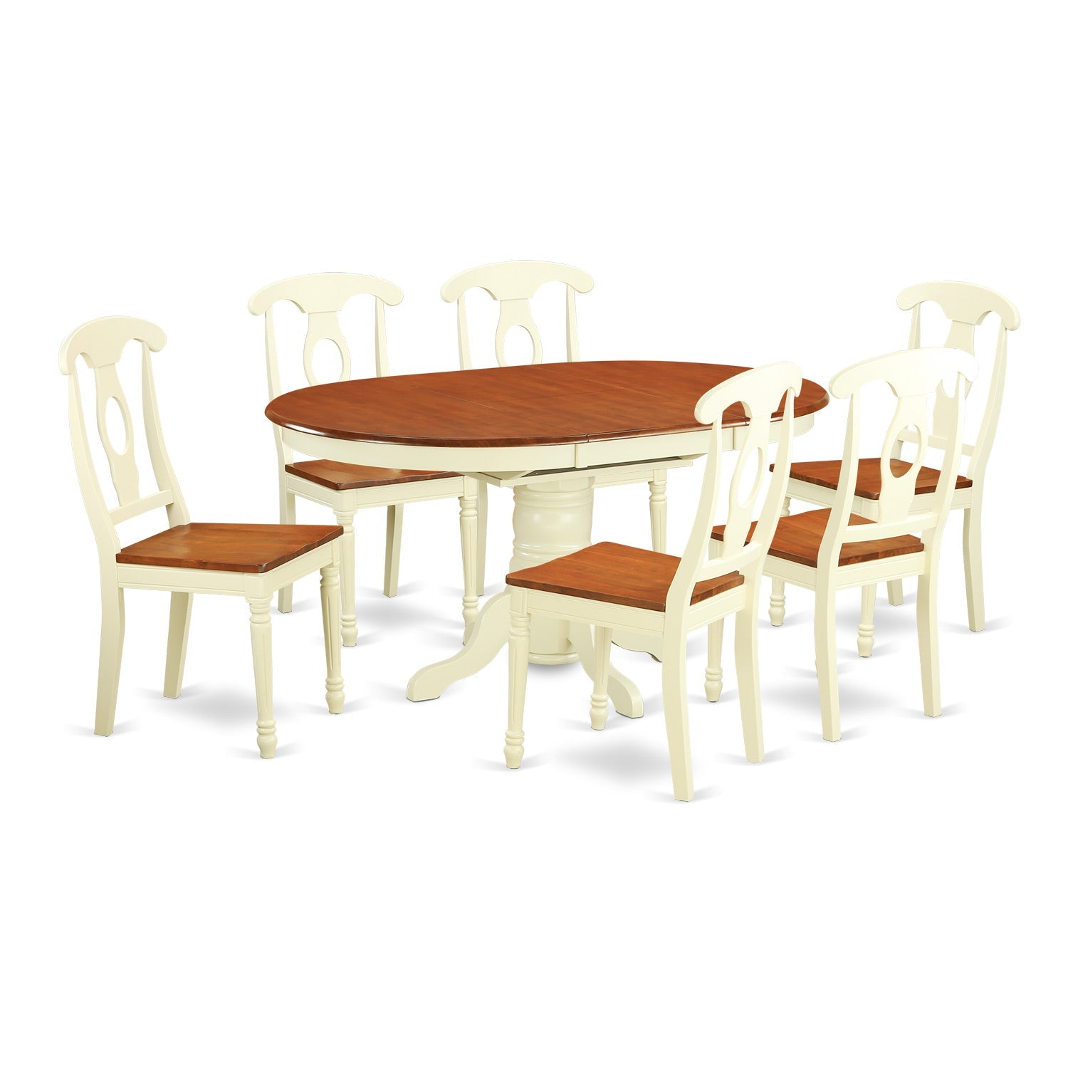 Juego de mesa de comedor moderna East West Furniture KENL7-WHI-W de 7 piezas compuesto por una mesa ovalada de madera con hojas de mariposa y 6 sillas de comedor de cocina.