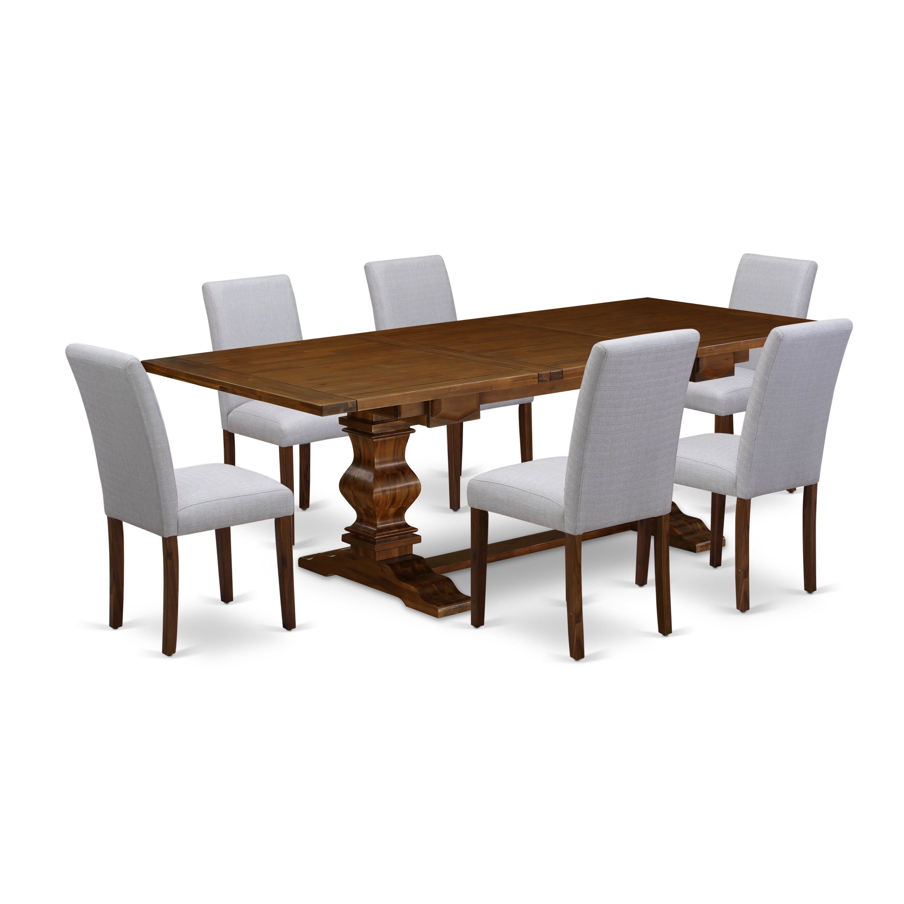 LAAB7-88-05 7Pc Wood Dining Table Set Includes a Wood Table and 6 Upholstered Dining Chairs with Grey Color Linen Fabric, Medium Size Table with Full Back Chairs, Antique Walnut Finish