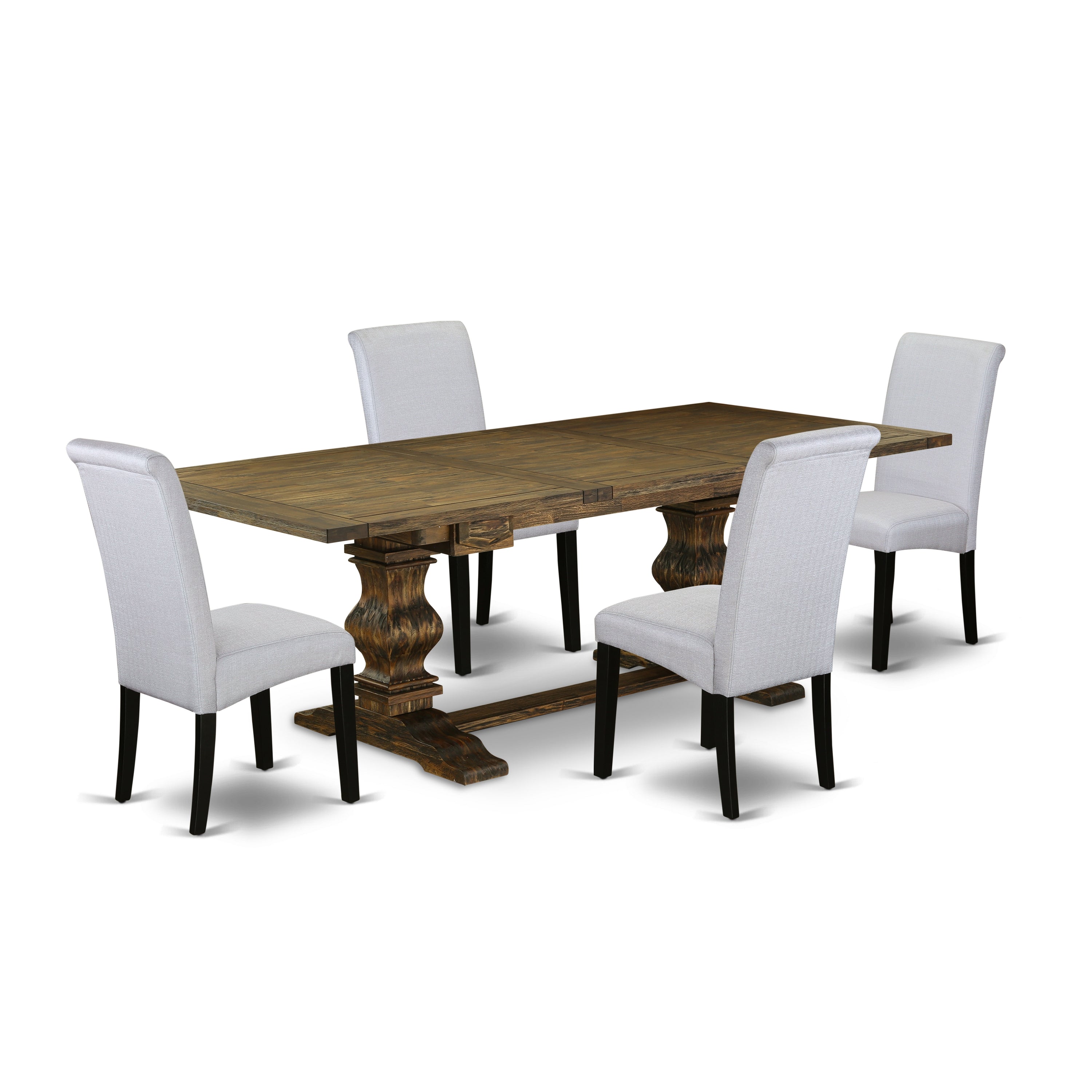 East West Furniture LABA5-71-05 5-piece modern dining table set with Chair�s Legs and Gray Linen Fabric accent chairs Set of 4 and wood table - Black and Distressed Jacobean Finish