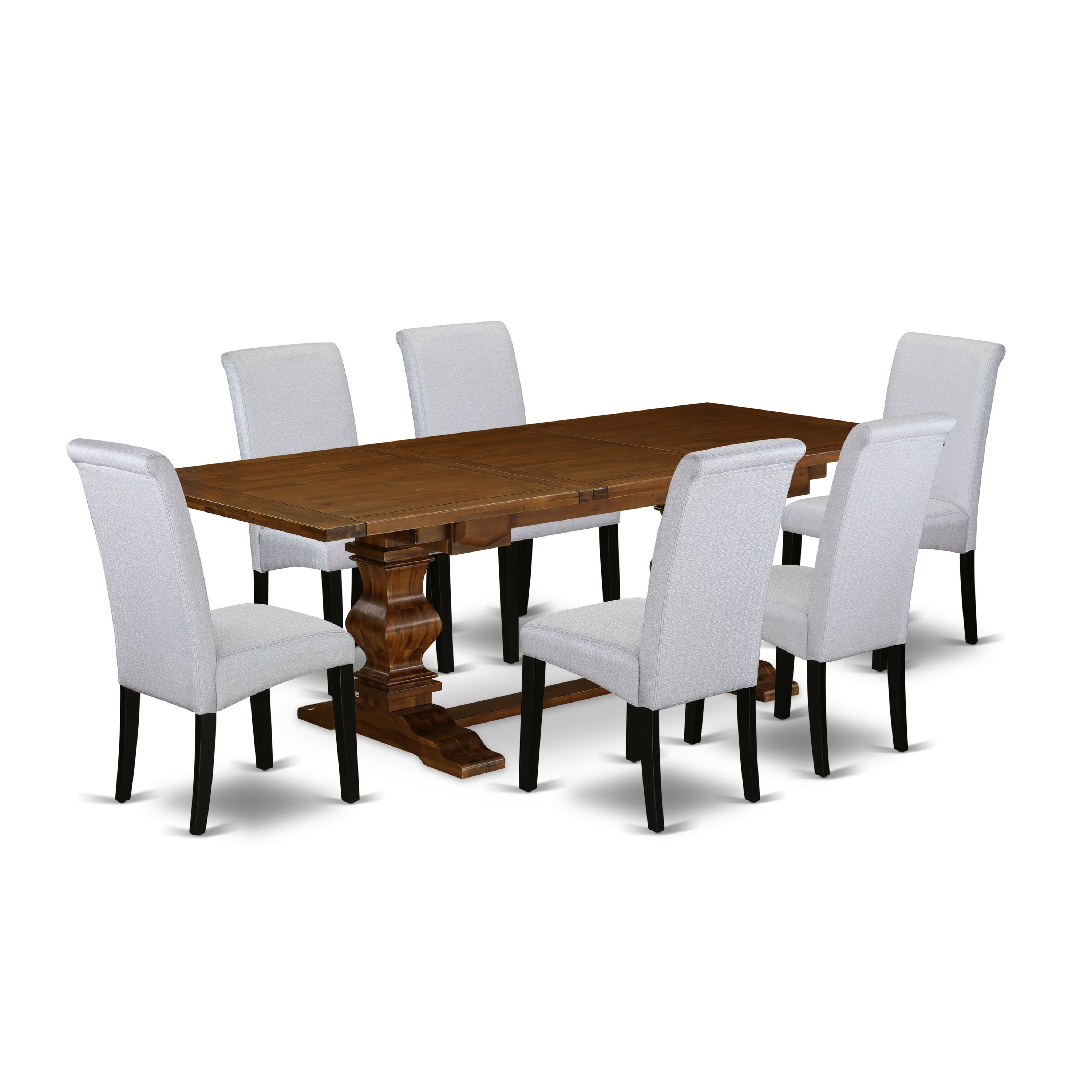 East West Furniture LABA7-81-05 7-pc kitchen table and chairs with Chair�s Legs and Gray Linen Fabric parson dining chairs Set of 6 and wood dining room table - Antique Walnut and Black Finish