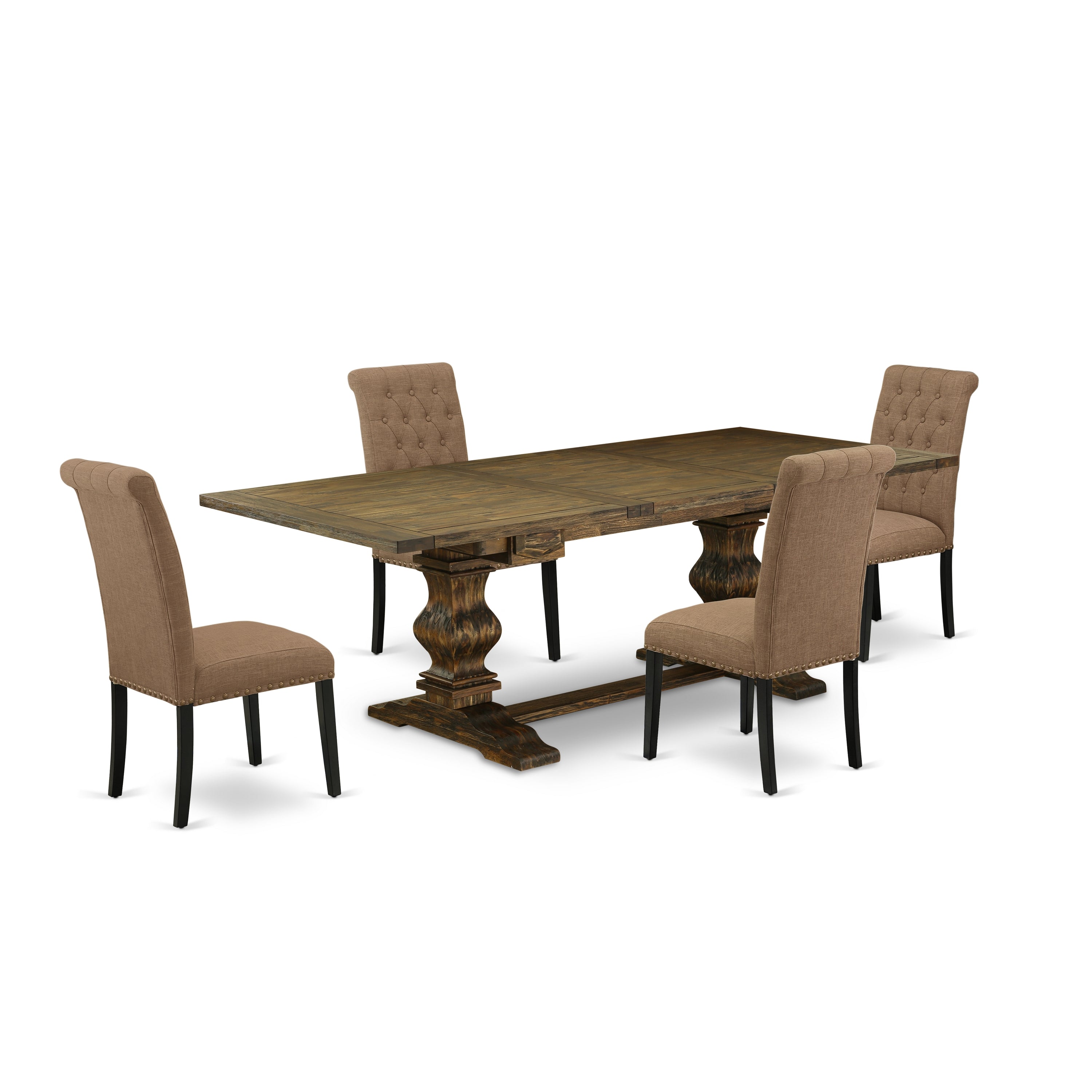 El juego de mesa de comedor de 5 piezas East West Furniture LABR5-71-17 incluye una mesa rectangular de madera con hojas de mariposa y 4 sillas tapizadas en tela de lino color sable claro.
