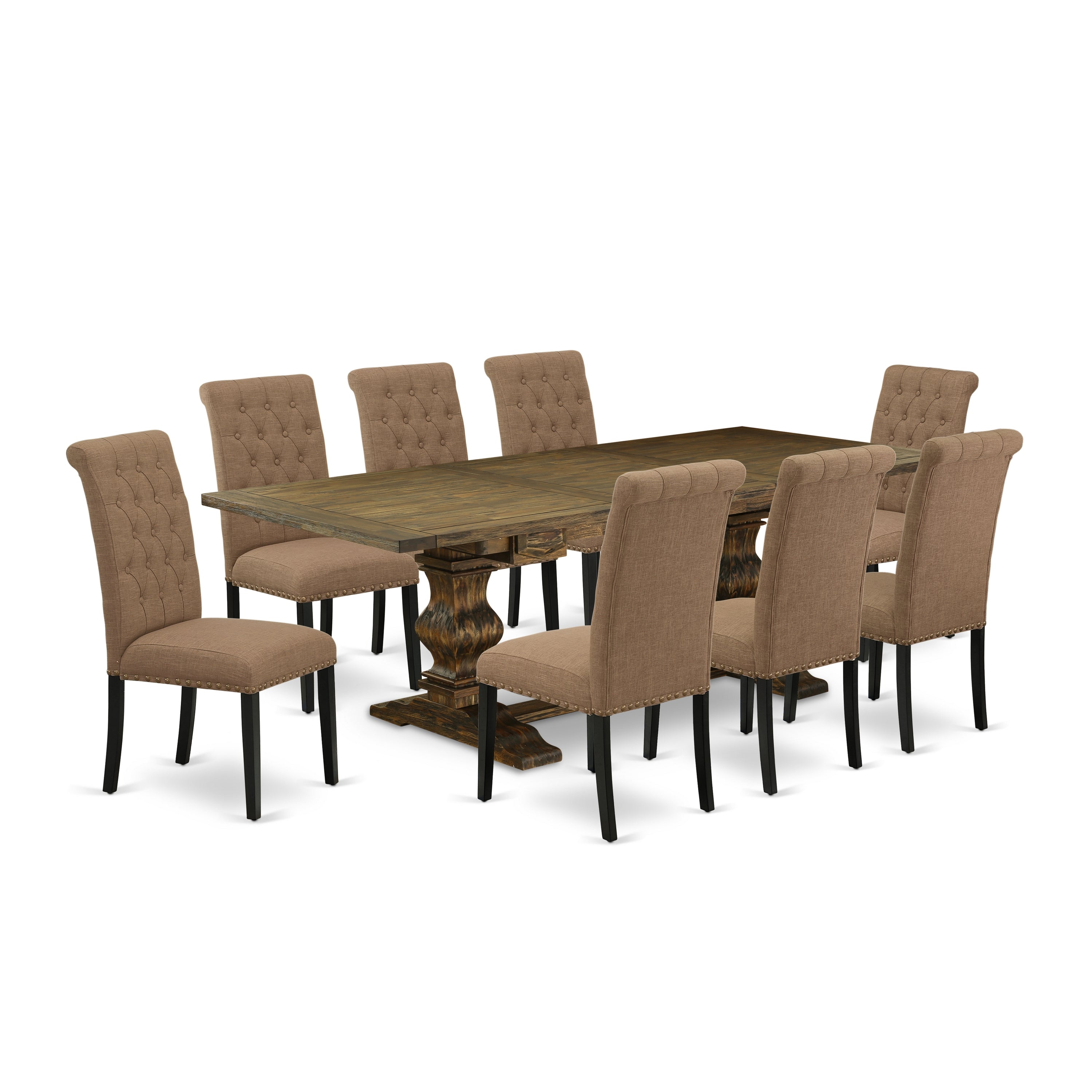 East West Furniture LABR9-71-17 9-piece kitchen table set with Chair�s Legs and Light Sable Linen Fabric kitchen chairs set of 8 and dining table- Black and Distressed Jacobean Finish