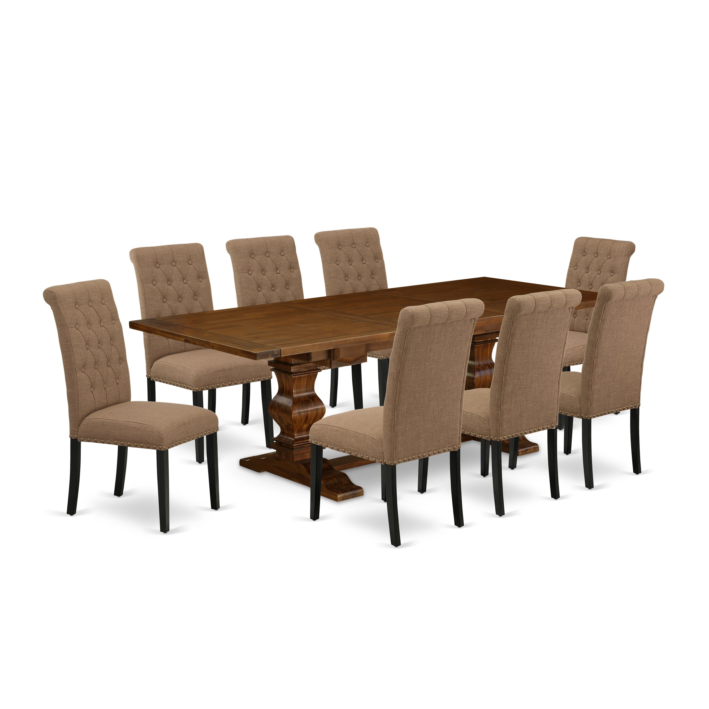 Juego de comedor de 9 piezas East West Furniture LABR9-81-17. Incluye una mesa de comedor rectangular con hojas de mariposa y 8 sillas tapizadas en tela de lino color sable claro.