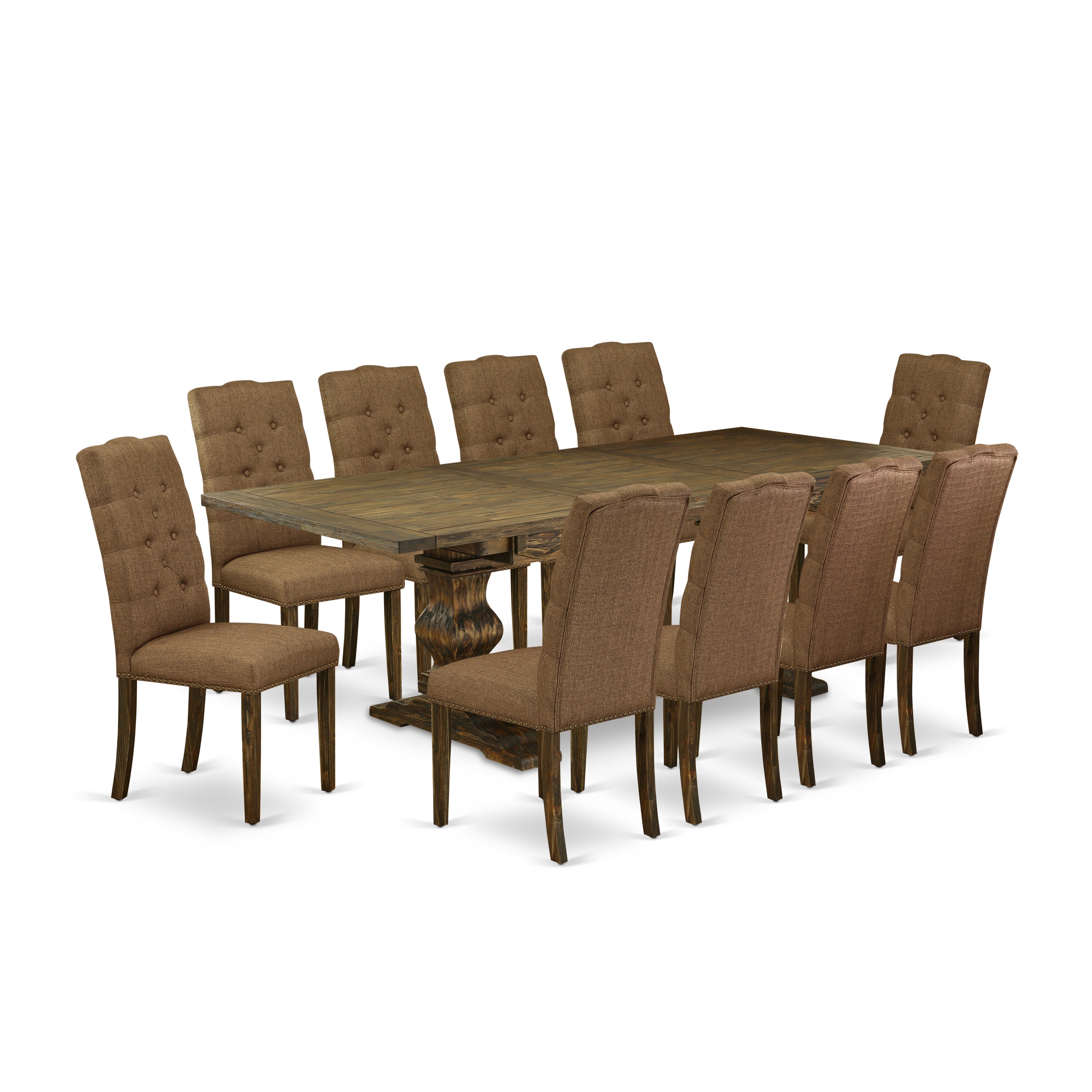 Juego de comedor de 11 piezas East West Furniture LAEL11-77-18. Incluye una mesa de comedor rectangular con diseño de hojas de mariposa y 10 sillas Parsons de tela de lino marrón.