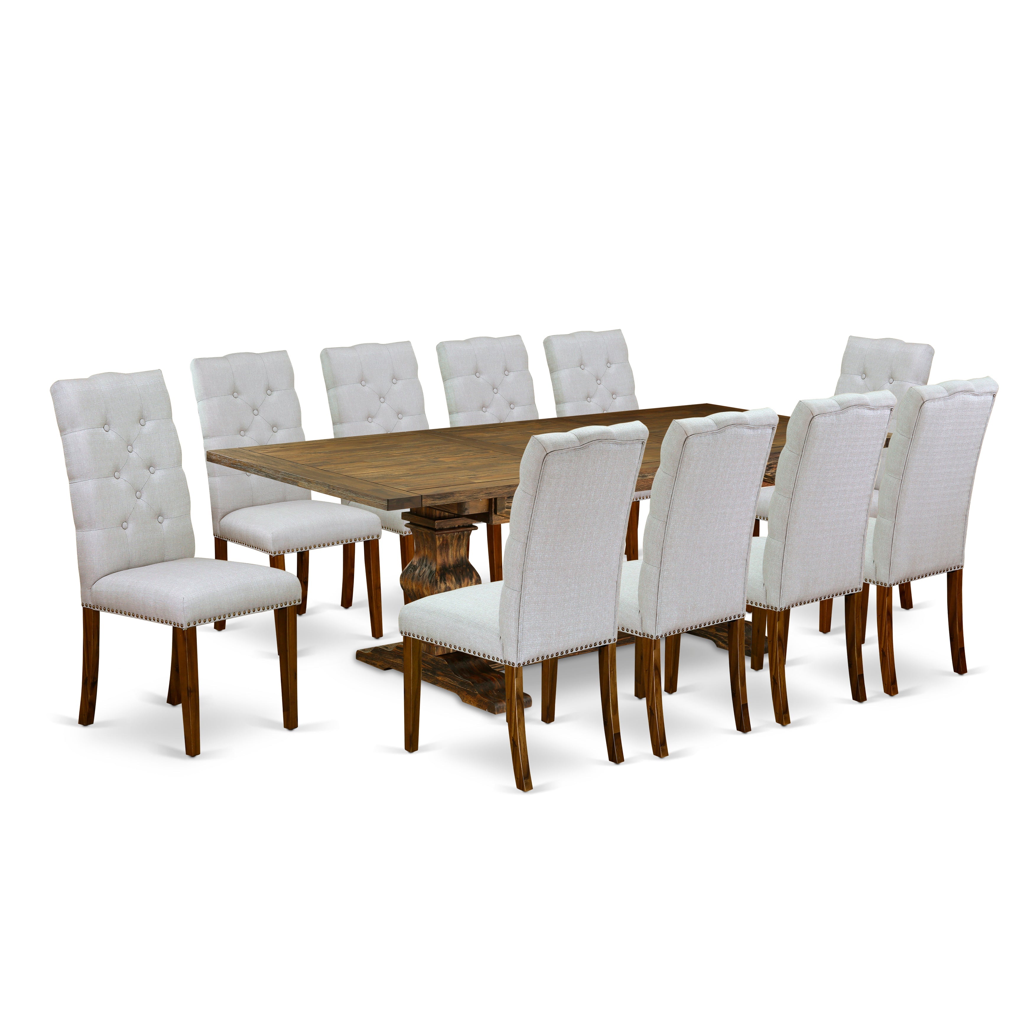 East West Furniture LAEL11-78-05 11-Piece Dining Table Set Includes a Rectangular Dining Table and 10 Grey Linen Fabric Parson Chairs with Button Tufted Back - Distressed Jacobean Finish