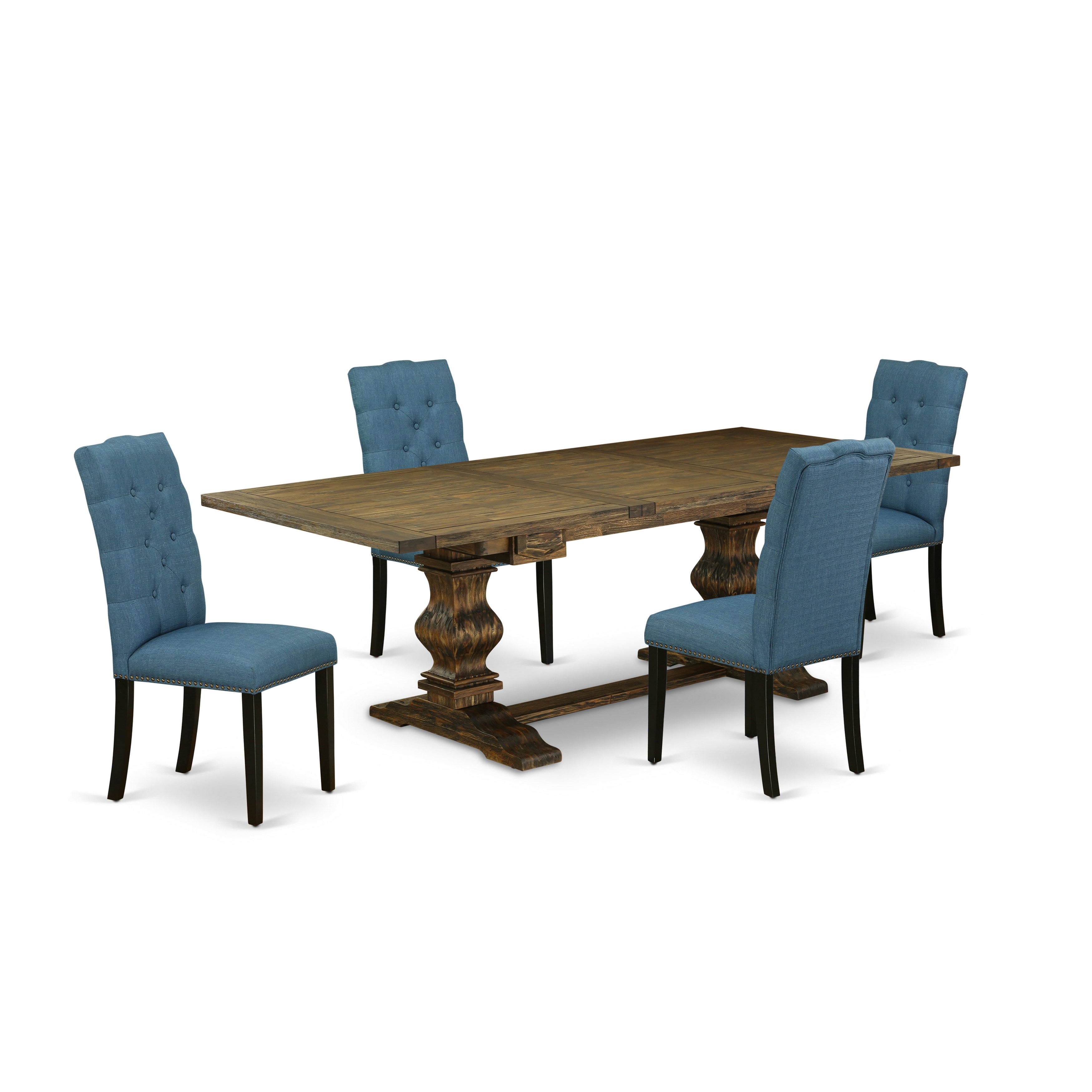 East West Furniture LAEL5-71-21 5-piece wood dining table set with Chair�s Legs and Mineral Blue Linen Fabric chairs Set of Four and wonderful table - Black and Distressed Jacobean Finish