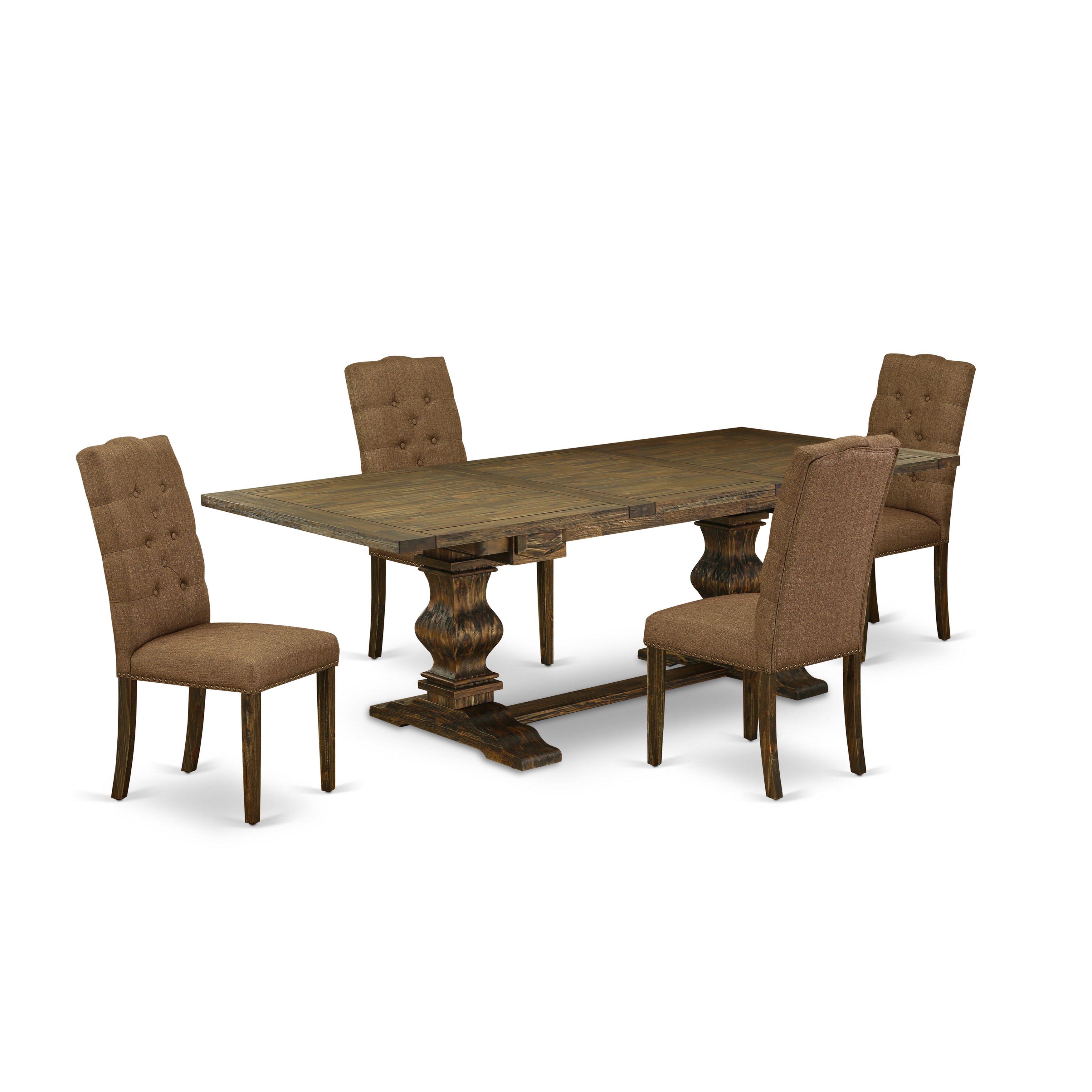 Juego de mesa de comedor de 5 piezas East West Furniture LAEL5-77-18 Incluye una mesa de cocina rectangular con hojas de mariposa y 4 sillas tapizadas en tela de lino marrón