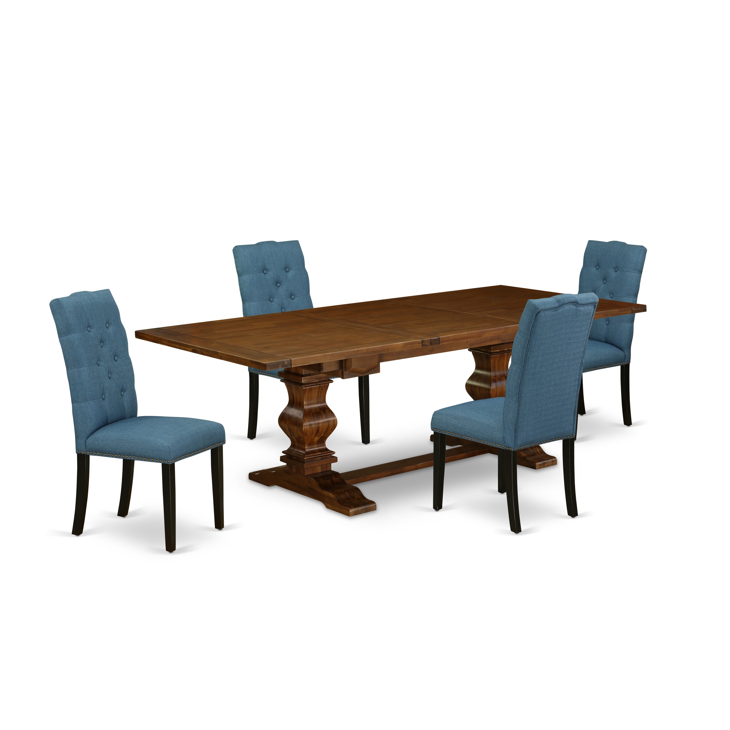 East West Furniture LAEL5-81-21 5-pc wooden dining table set with Chair�s Legs and Mineral Blue Linen Fabric parson chairs Set of 4 and dining room table - Antique Walnut and Black Finish
