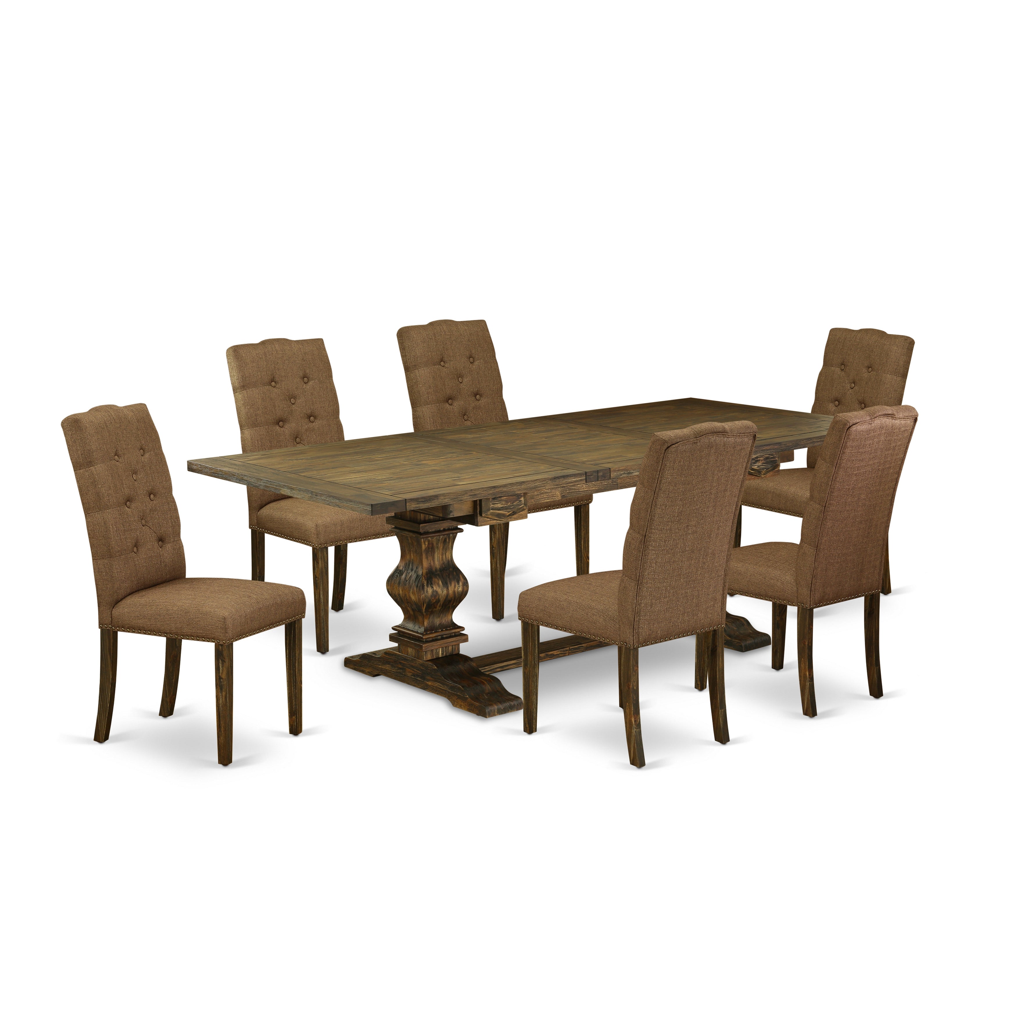 Juego de comedor de 7 piezas East West Furniture LAEL7-77-18 compuesto por una mesa de comedor rectangular con diseño de hojas de mariposa y 6 sillas tapizadas en tela de lino marrón.