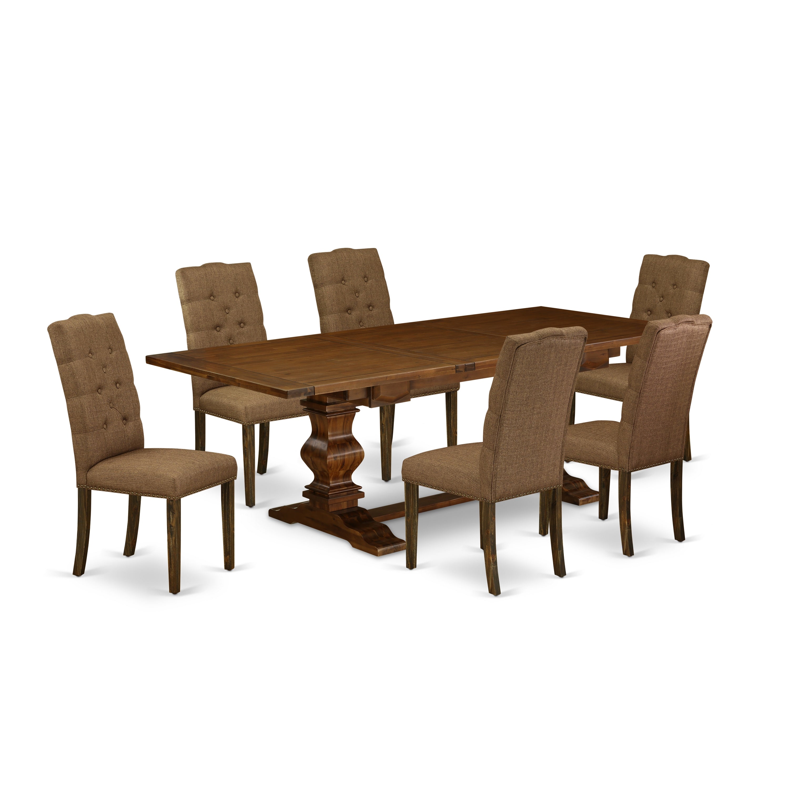 East West Furniture LAEL7-87-18 7- pieces dining table set with Chair�s Legs and Brown Beige Linen Fabric living room chairs Set of 6 and wooden table - Antique Walnut and Distressed Jacobean Finish