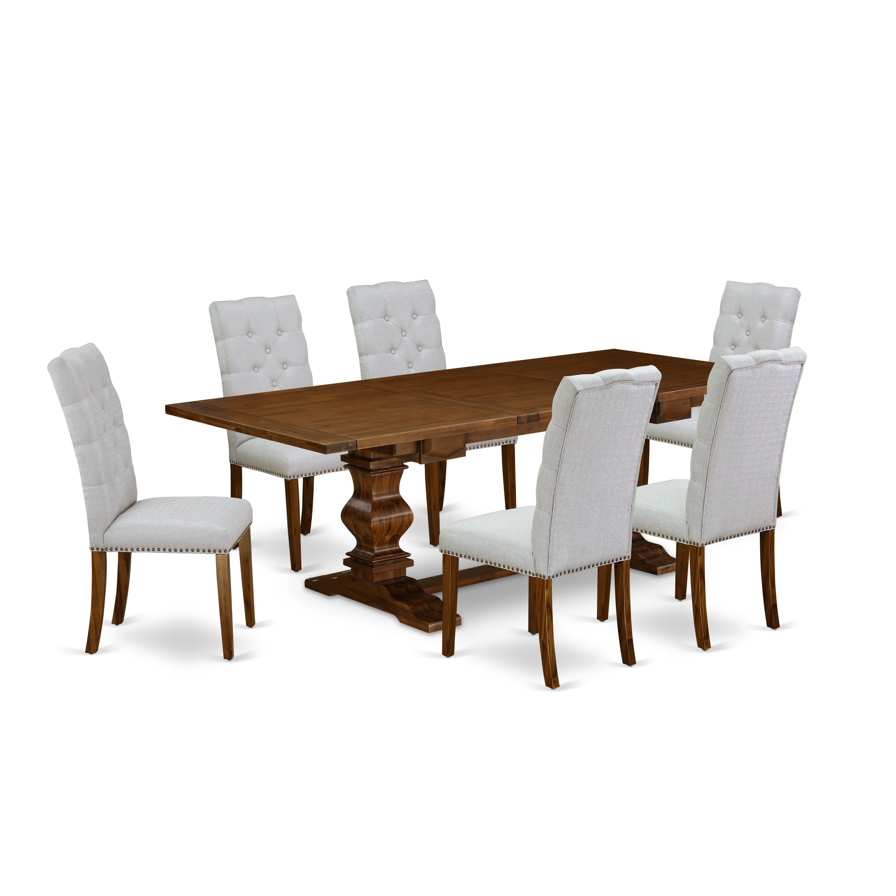 Juego de mesa de comedor de 7 piezas East West Furniture LAEL7-88-05 compuesto por una mesa de cocina rectangular con diseño de hojas de mariposa y 6 sillas de comedor Parson de tela de lino gris.