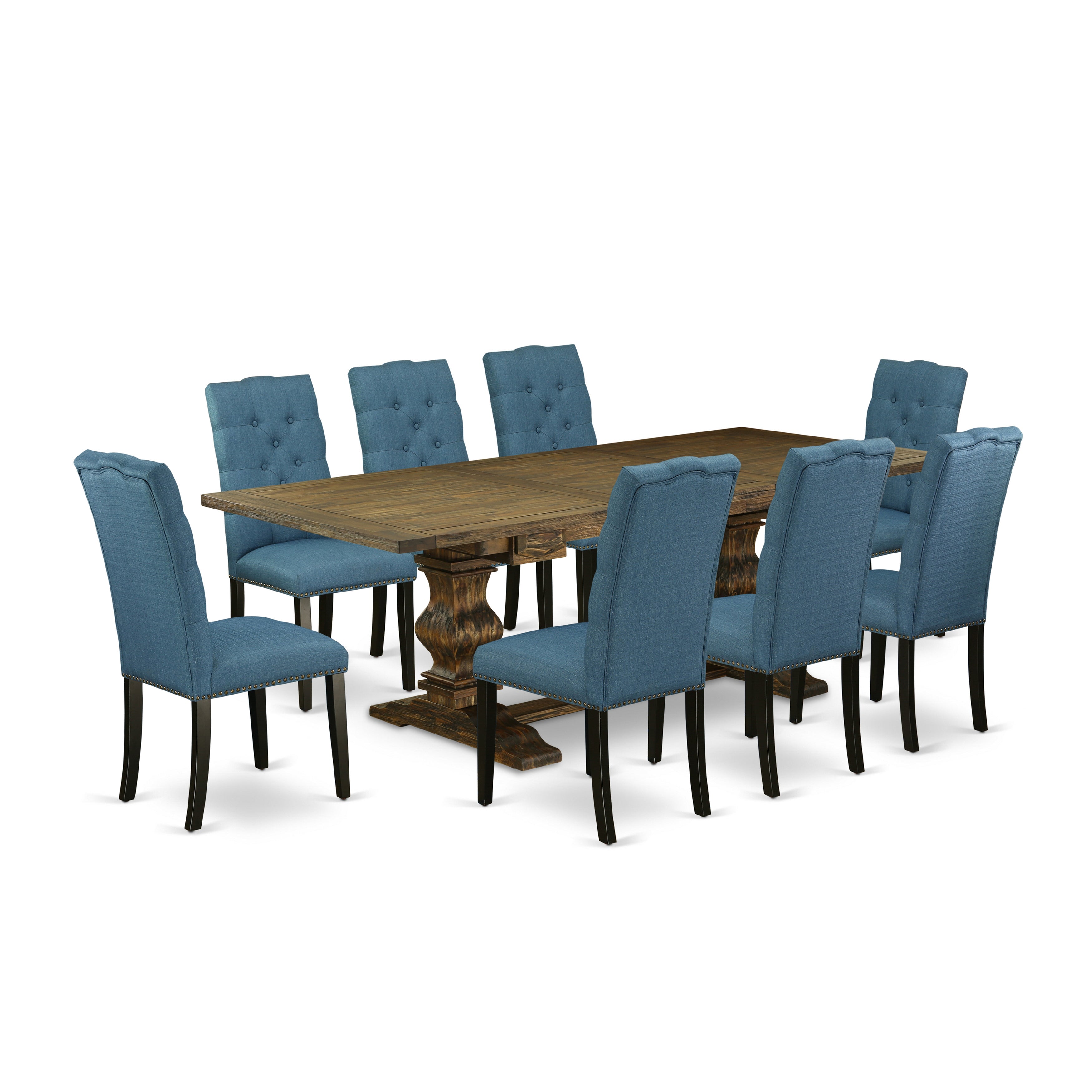 East West Furniture LAEL9-71-21 9-piece dining table set with Chair�s Legs and Mineral Blue Linen Fabric dining room chairs set of eight and fantastic dining table - Black and Distressed Jacobean Finish