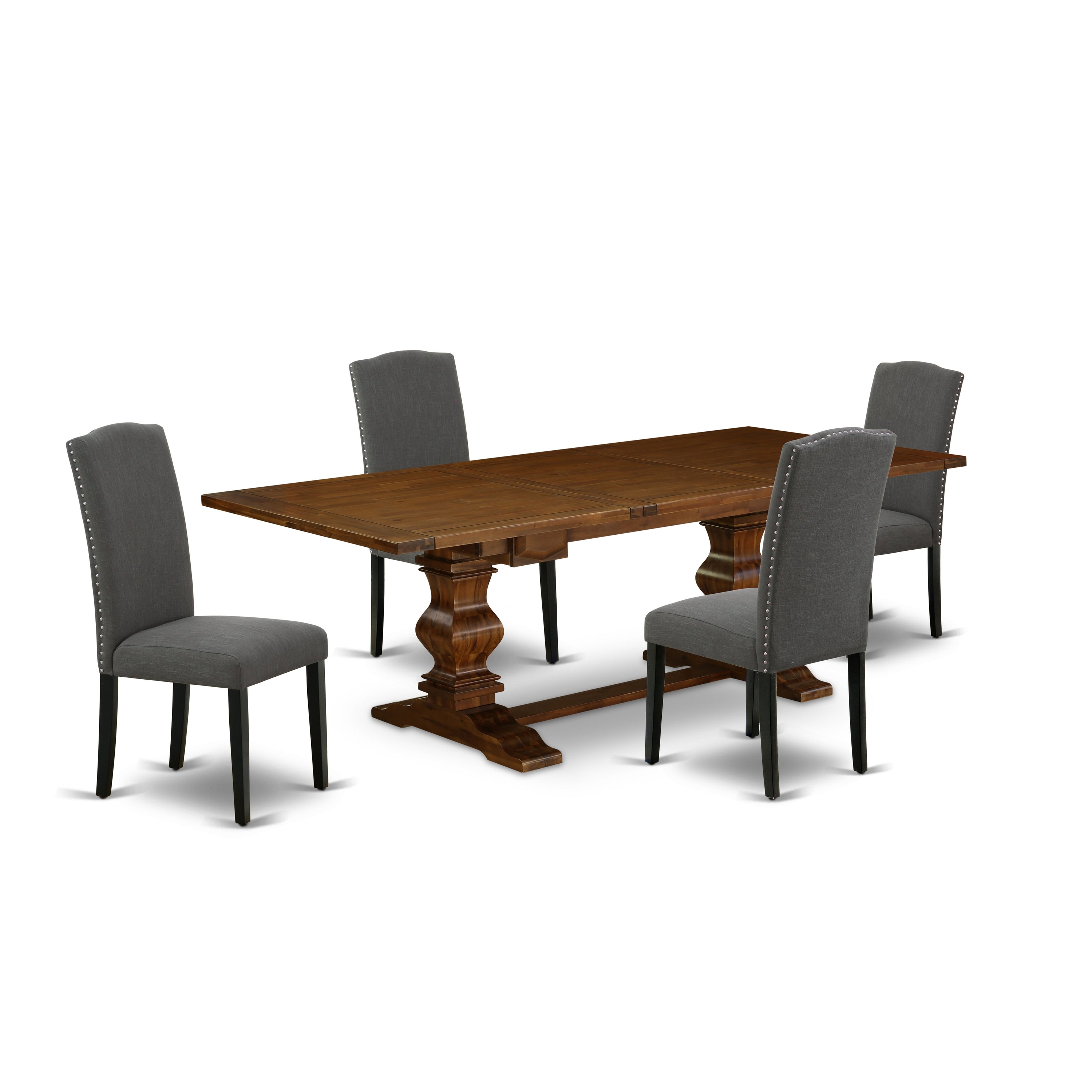Juego de mesa de comedor de 5 piezas East West Furniture LAEN5-81-20 Incluye una mesa rectangular de madera con hojas de mariposa y 4 sillas tapizadas en tela de lino Gotham oscuro