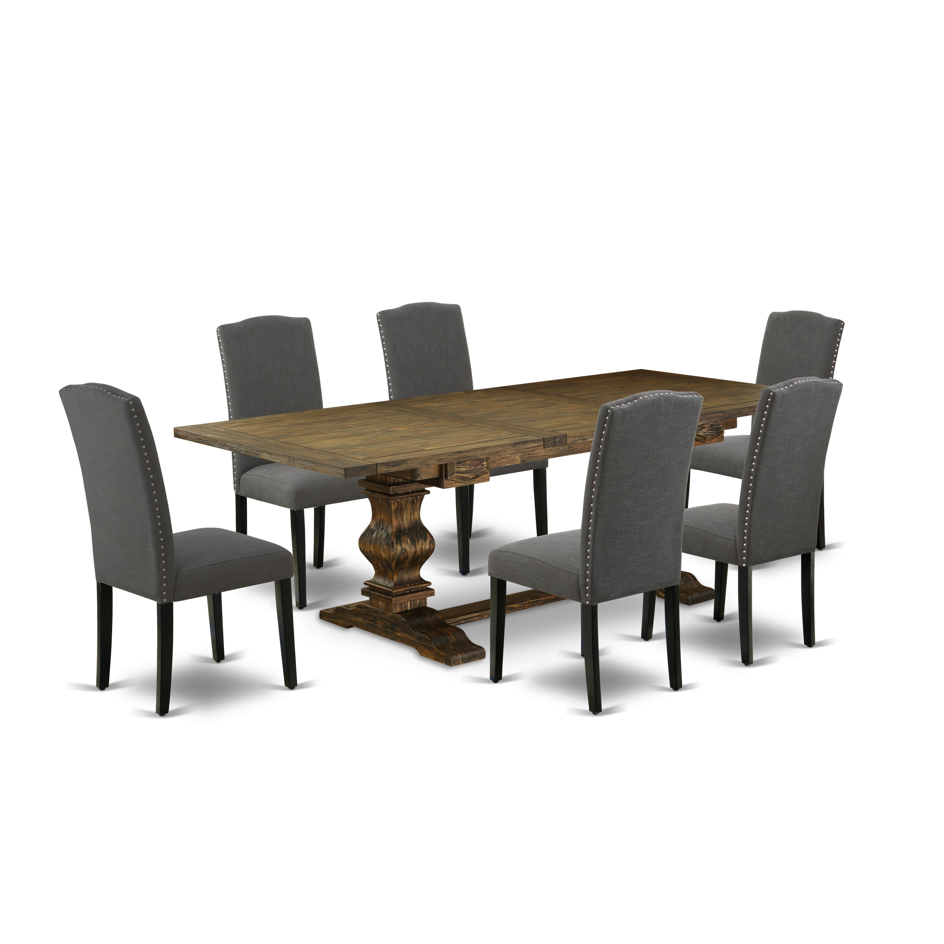 Juego de mesa de cocina de 7 piezas East West Furniture LAEN7-71-20 compuesto por una mesa de comedor rectangular con diseño de hojas de mariposa y 6 sillas Parson de tela de lino Gotham oscuro.