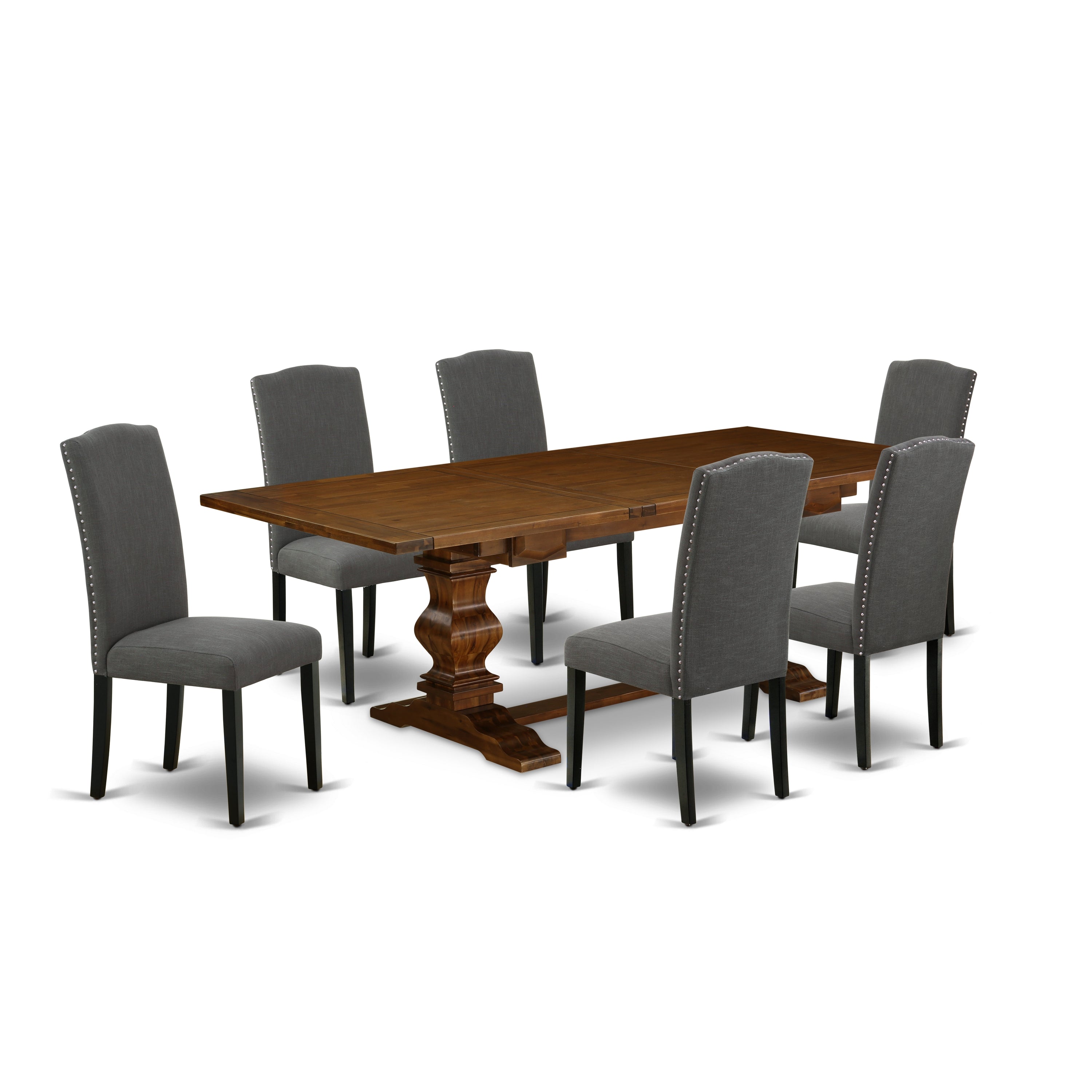 Juego de mesa de comedor de 7 piezas East West Furniture LAEN7-81-20 compuesto por una mesa rectangular con hojas de mariposa y 6 sillas tapizadas en tela de lino Gotham oscuro.