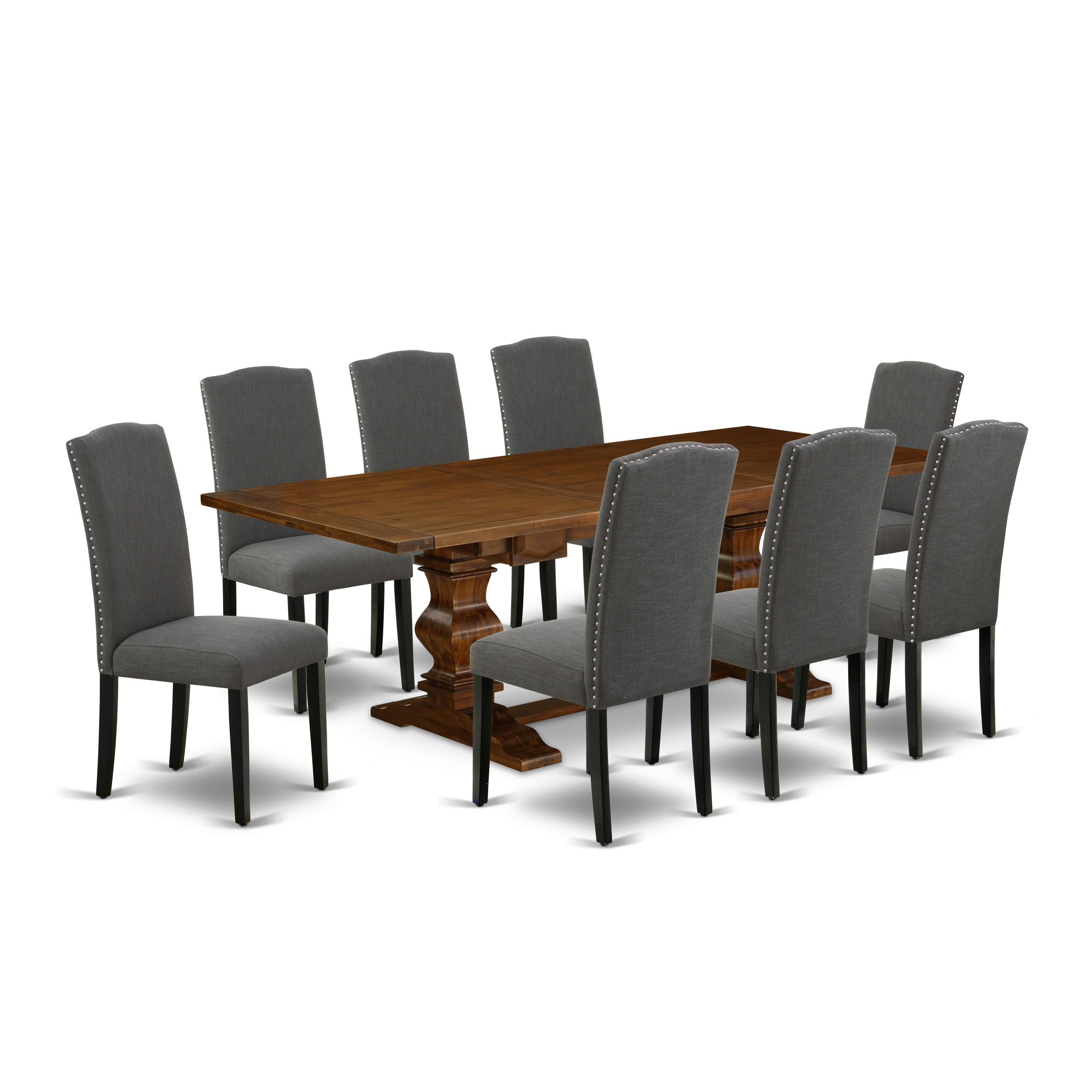 Juego de mesa de comedor de 9 piezas East West Furniture LAEN9-81-20. Incluye una mesa de cocina rectangular con diseño de hojas de mariposa y 8 sillas Parson de tela de lino Gotham oscuro.