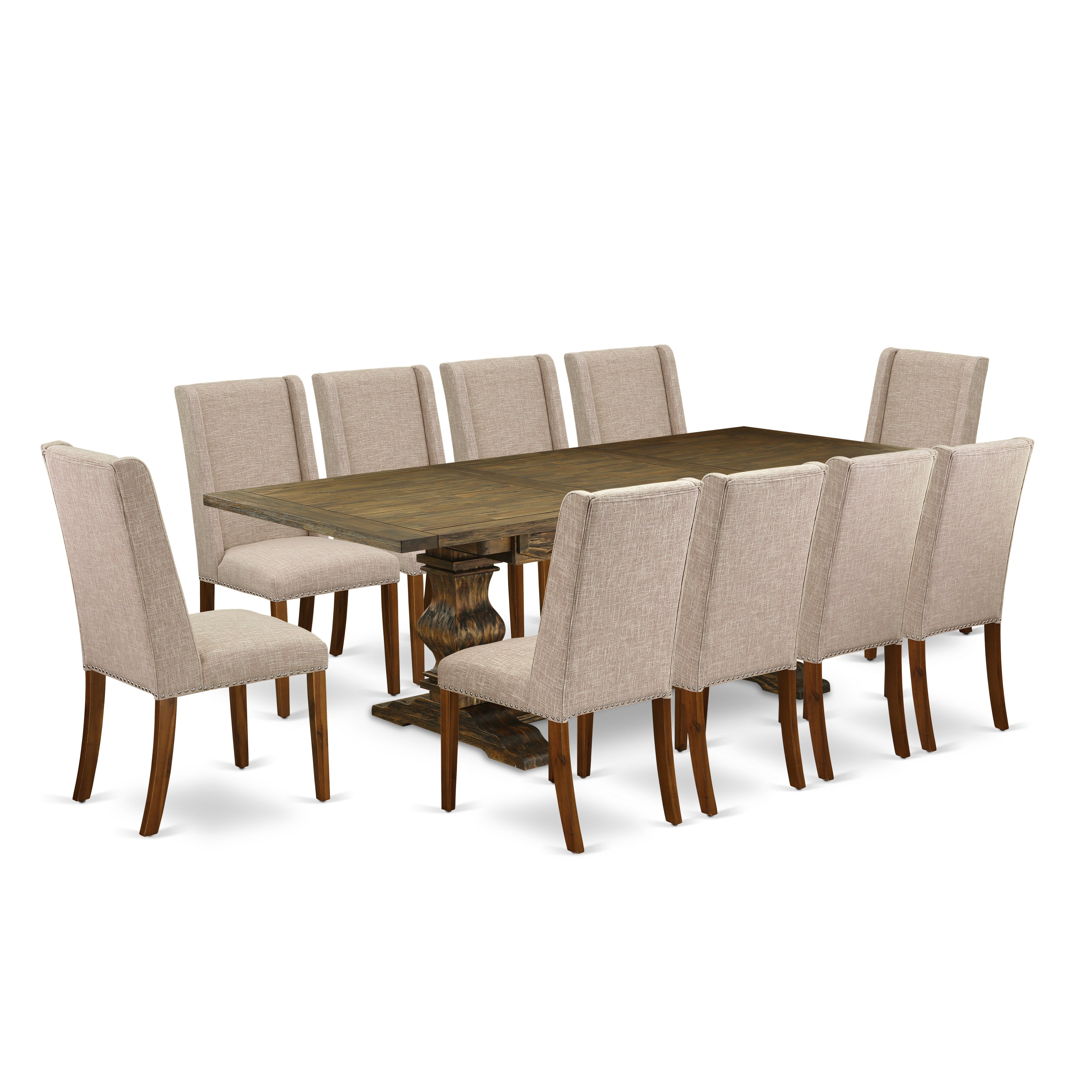 Juego de mesa de cocina de 11 piezas East West Furniture LAFL11-78-04. Incluye una mesa de comedor rectangular con diseño de hojas de mariposa y 10 sillas de comedor Parsons de tela de lino color tostado claro.