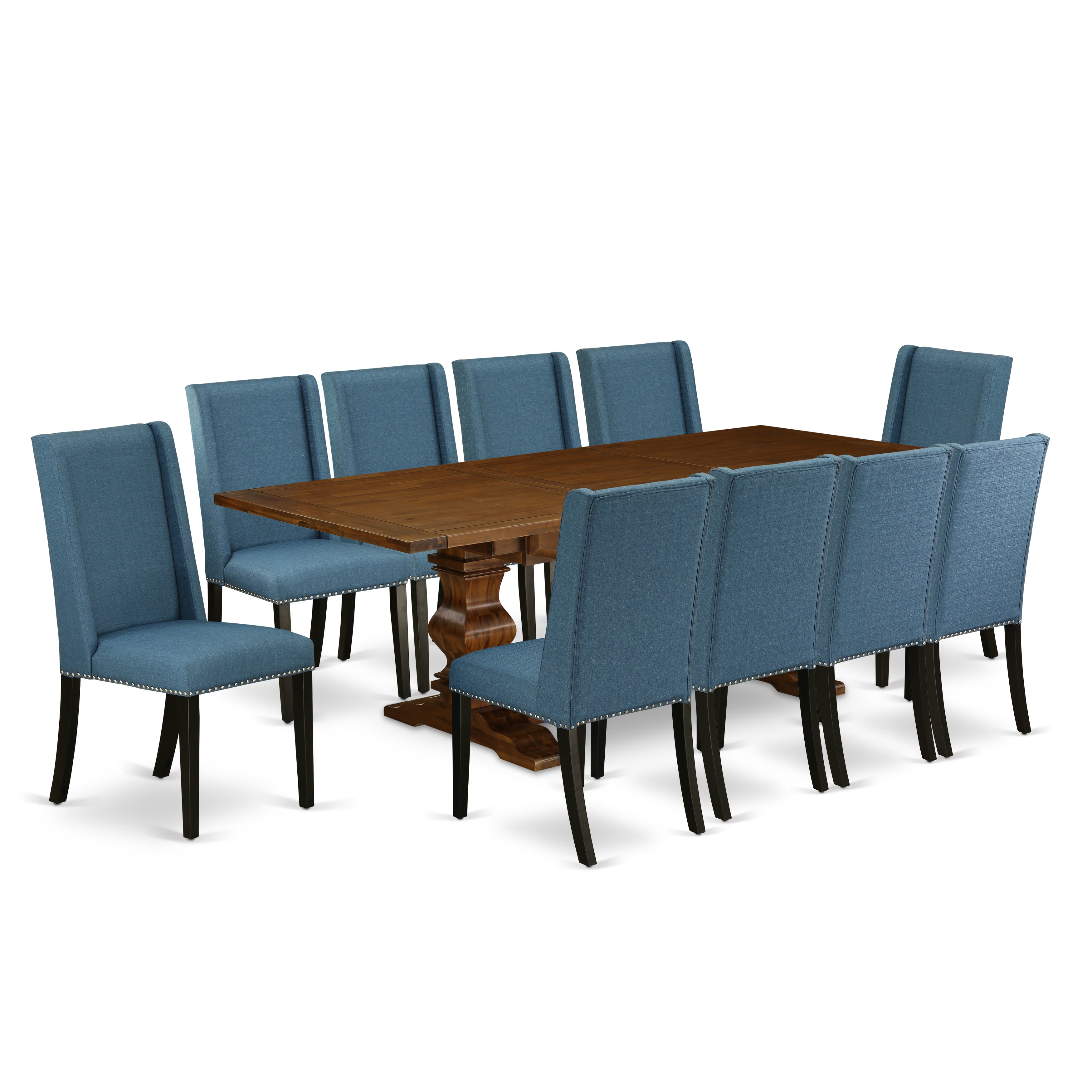 Juego de mesa de comedor de 11 piezas East West Furniture LAFL11-81-21. Incluye una mesa de comedor rectangular con diseño de hojas de mariposa y 10 sillas tapizadas en tela de lino azul.