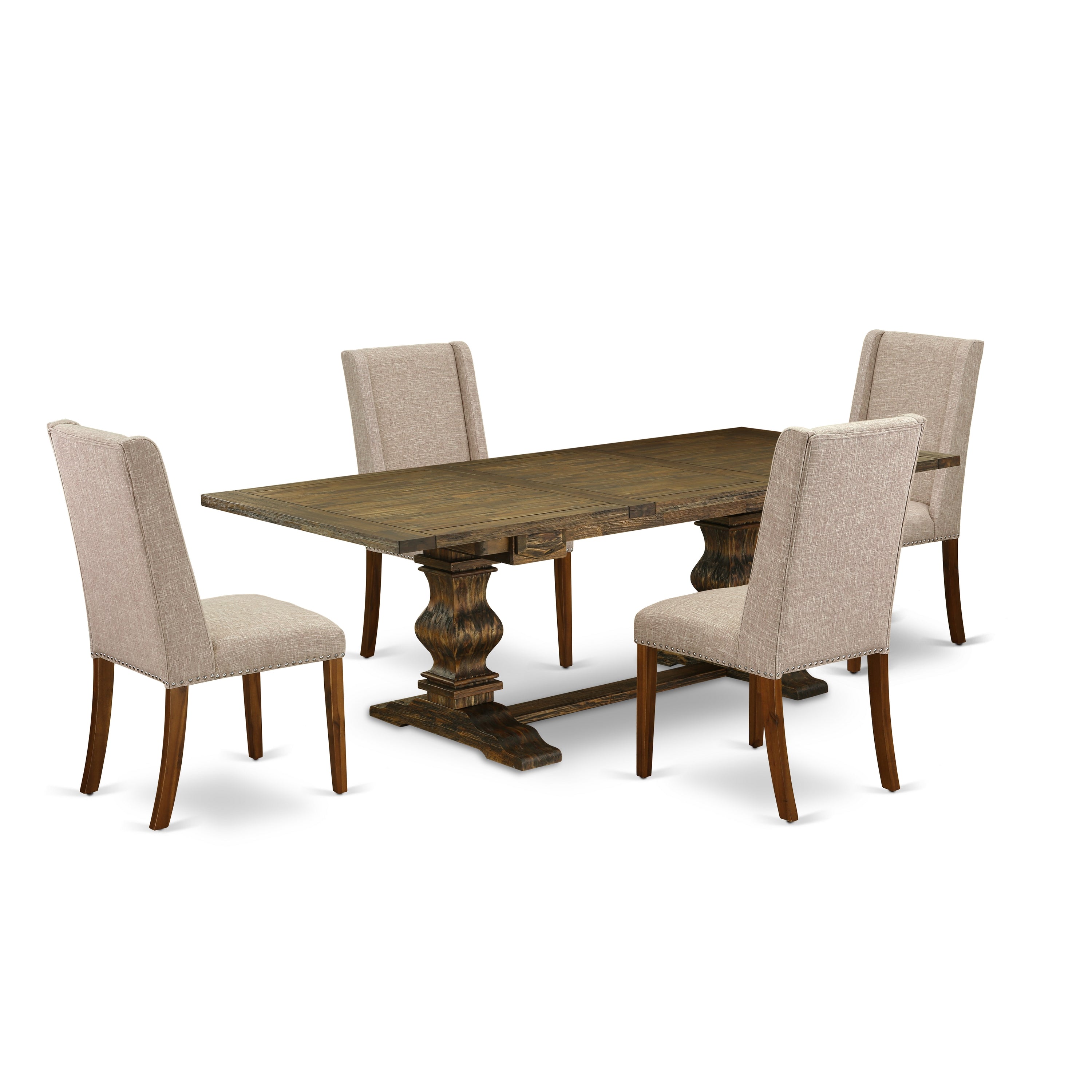 East West Furniture LAFL5-78-04 5-piece dinette set with Chair�s Legs and Clay Linen Fabric chairs Set of 4 and dining room table - Antique Walnut and Distressed Jacobean Finish
