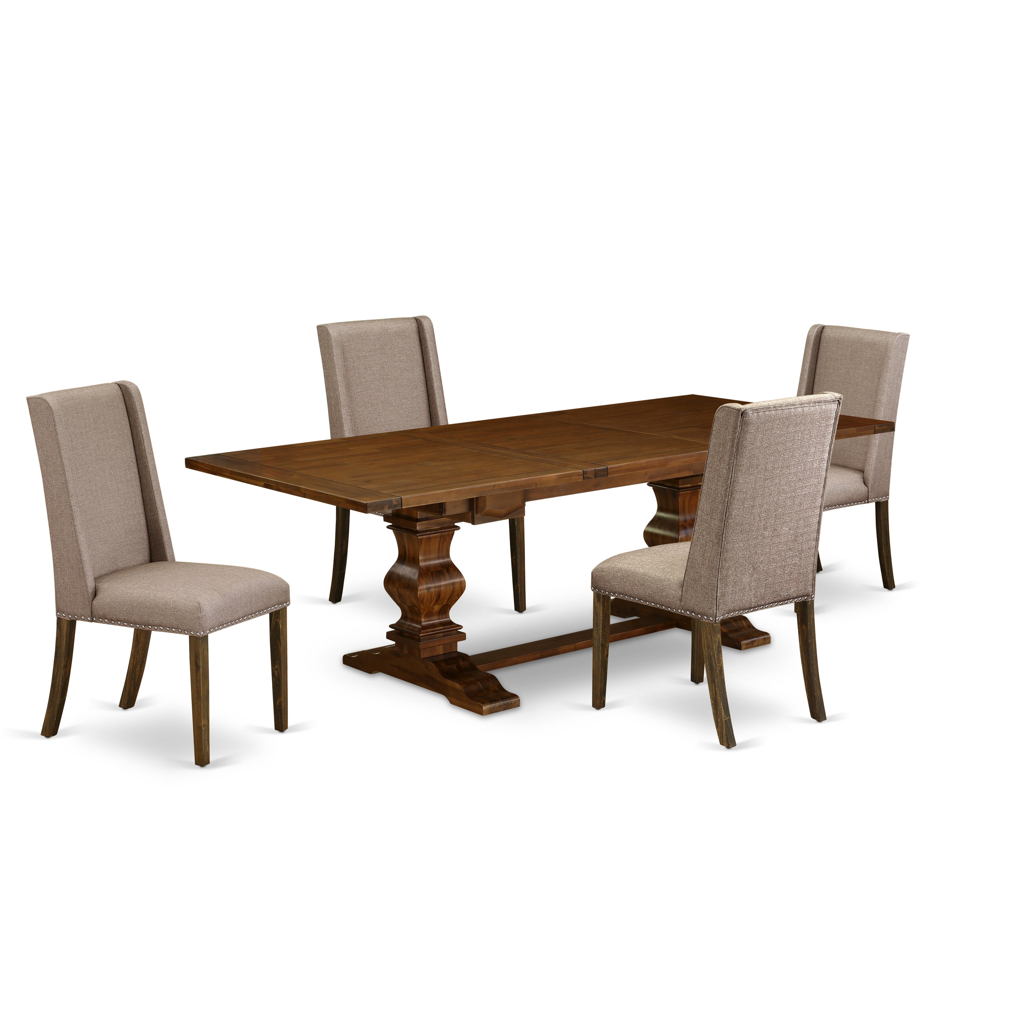 El juego de mesa de comedor de 5 piezas East West Furniture LAFL5-87-16 incluye una mesa de cocina rectangular con hojas de mariposa y 4 sillas tapizadas en tela de lino color caqui oscuro.