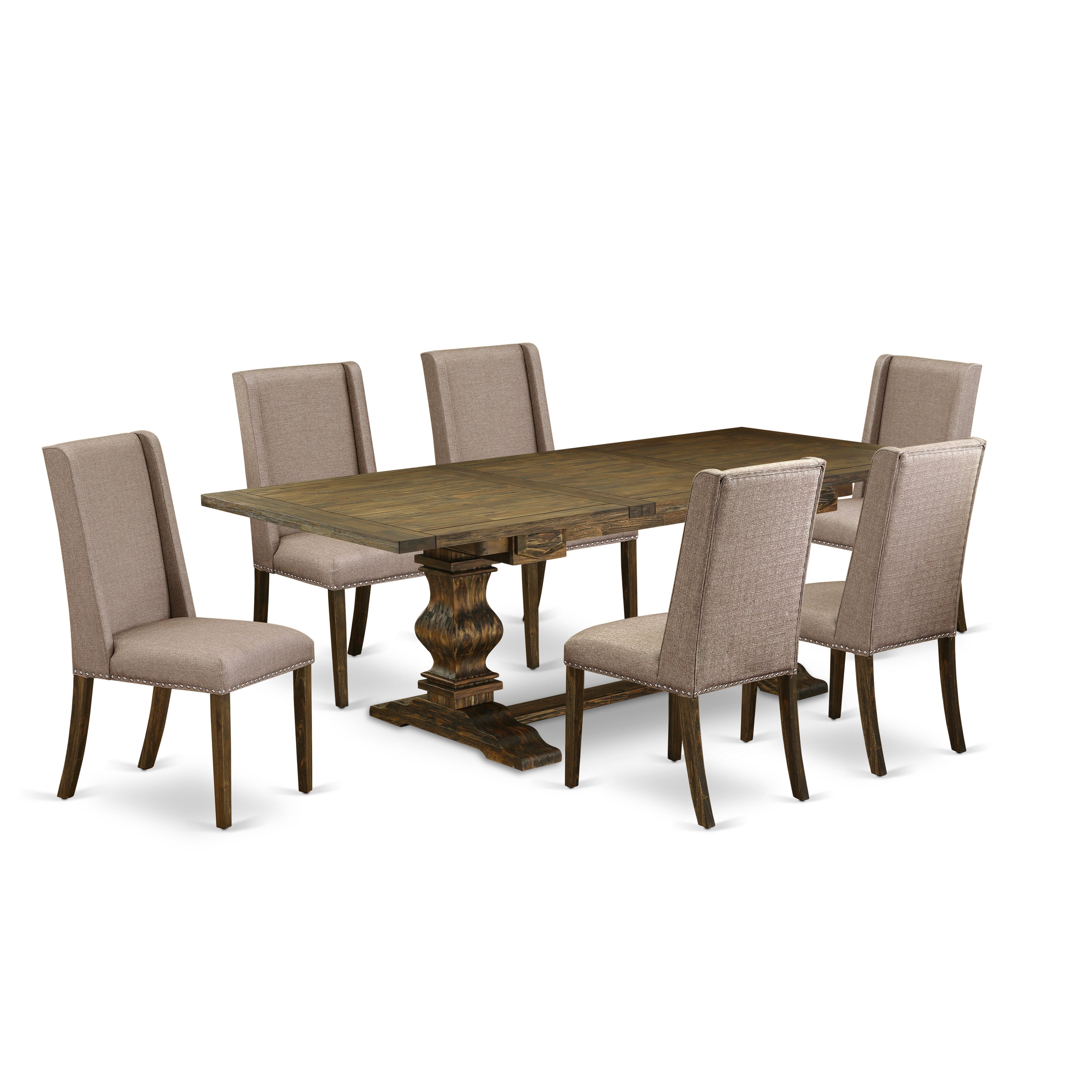 Juego de mesa de cocina de 7 piezas East West Furniture LAFL7-77-16 compuesto por una mesa de comedor rectangular con diseño de hojas de mariposa y 6 sillas Parsons de tela de lino color caqui oscuro.
