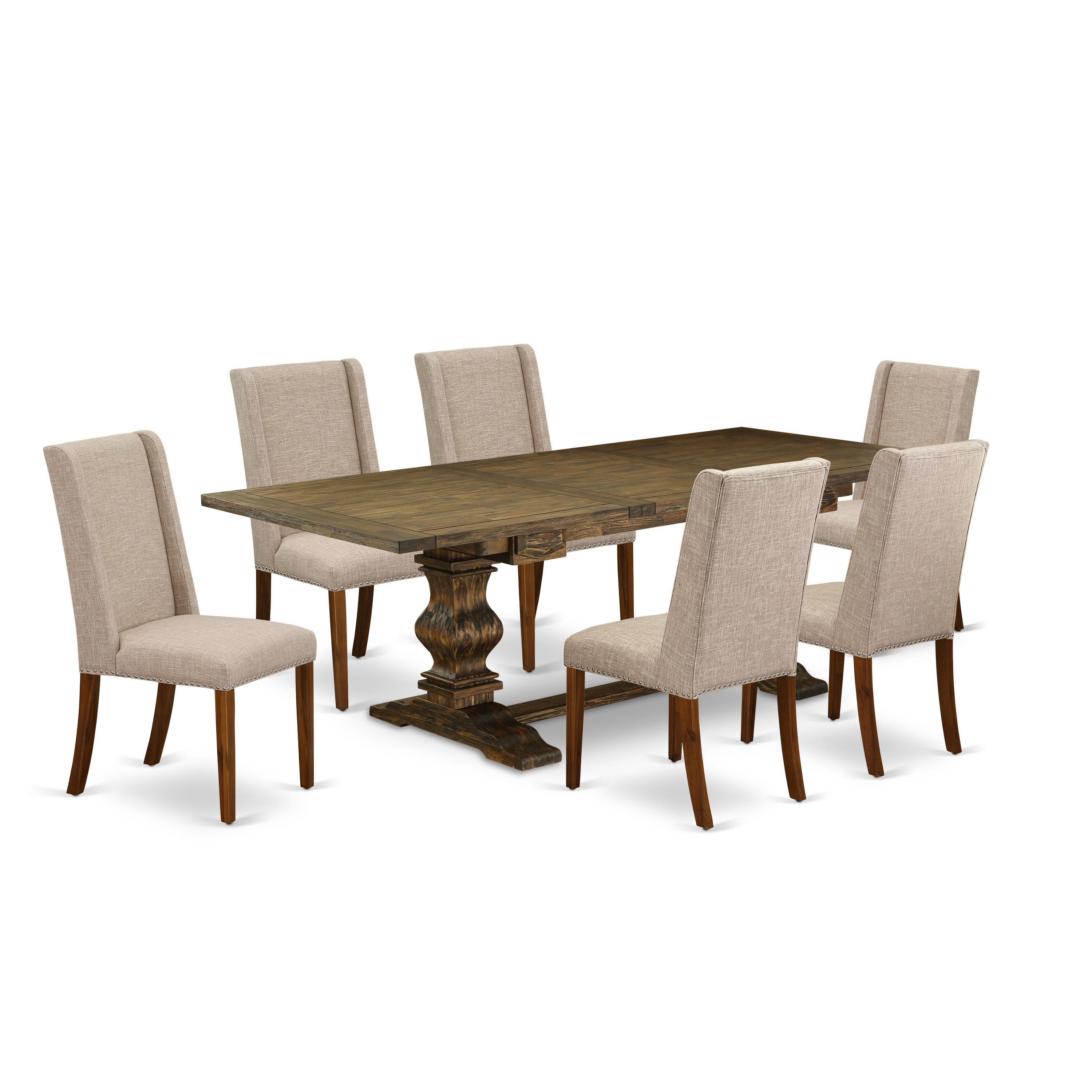 Juego de mesa de comedor de 7 piezas East West Furniture LAFL7-78-04 compuesto por una mesa rectangular de madera con hojas de mariposa y 6 sillas tapizadas en tela de lino color tostado claro.