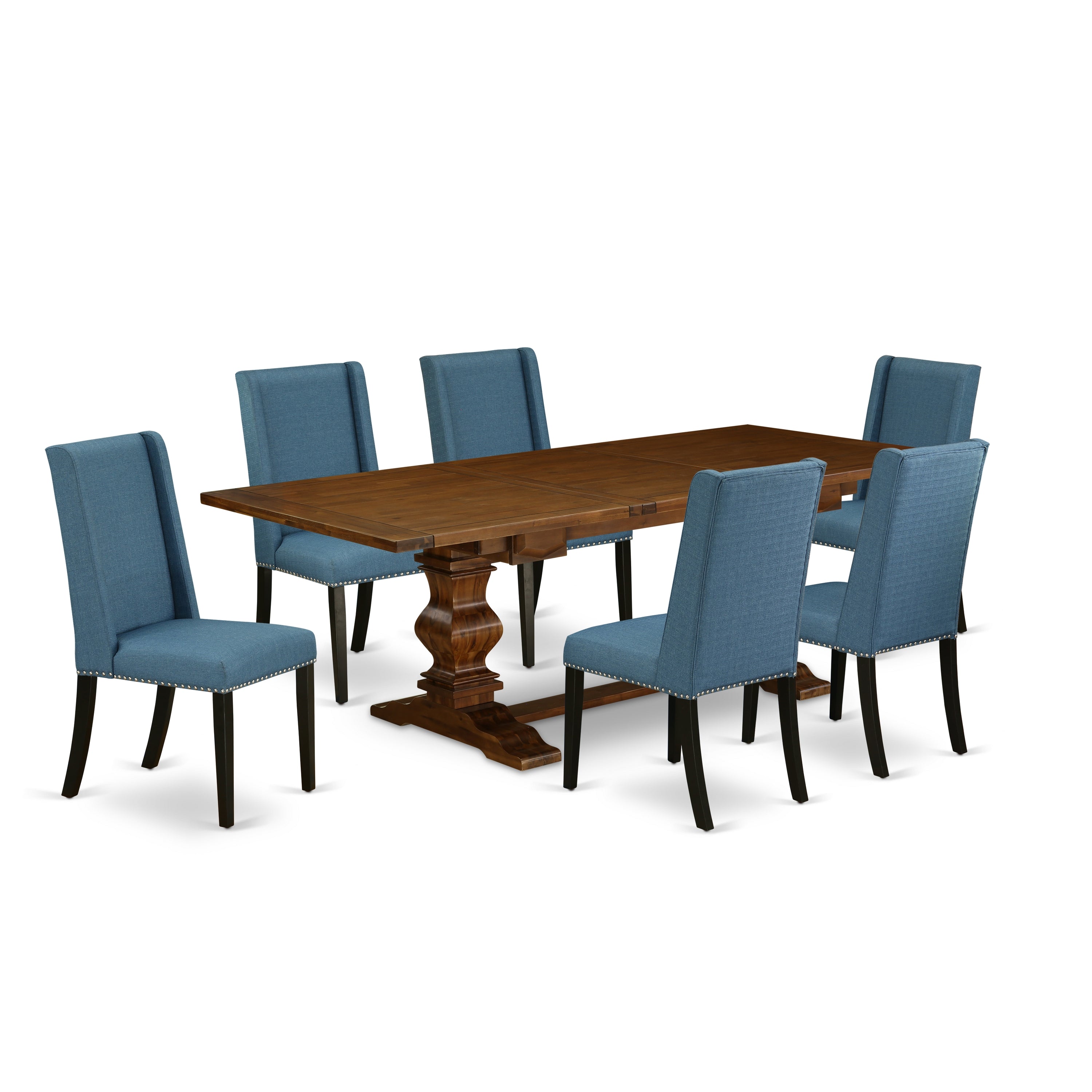 Juego de comedor de 7 piezas East West Furniture LAFL7-81-21 compuesto por una mesa de comedor rectangular con diseño de hojas de mariposa y 6 sillas de comedor Parsons de tela de lino azul.