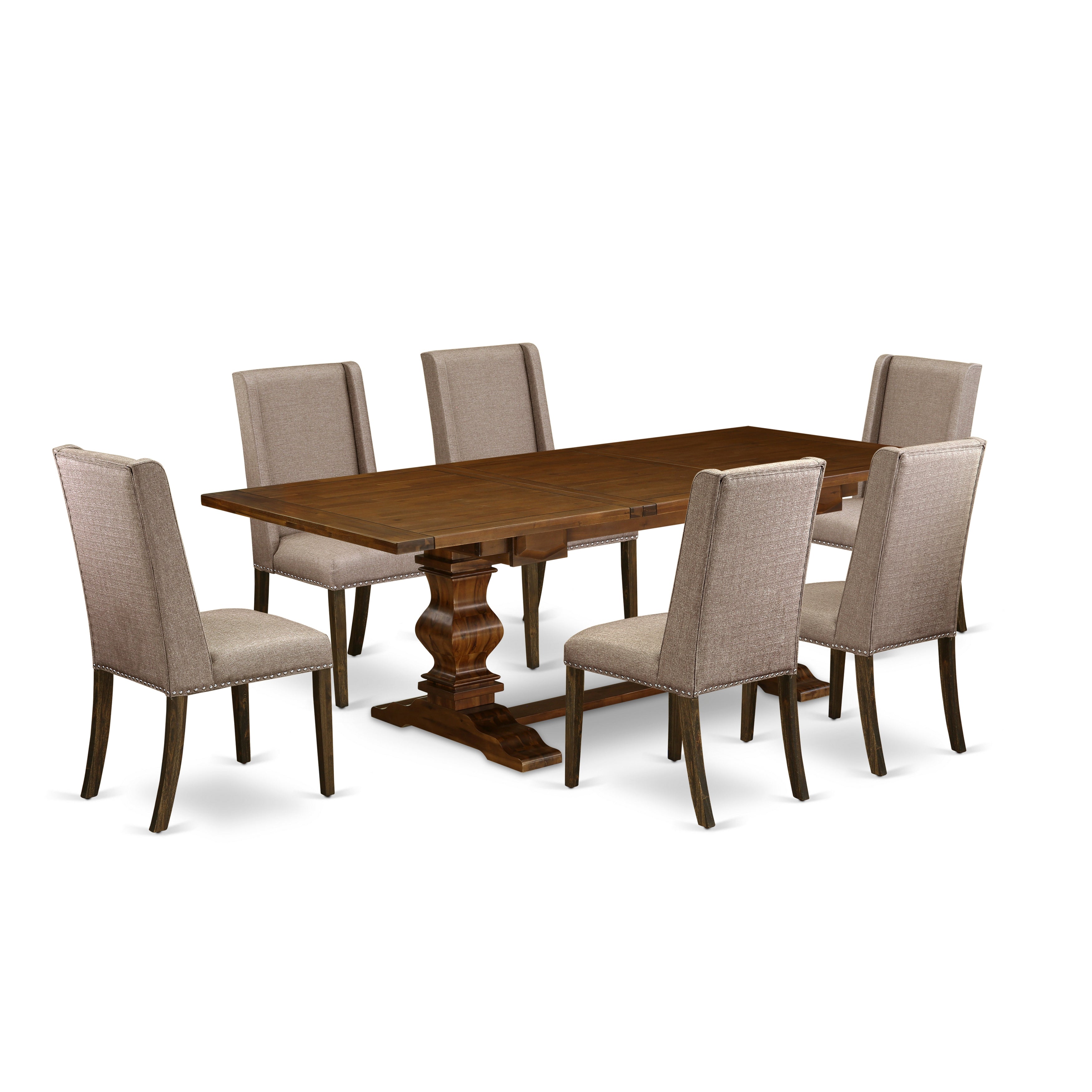 Juego de mesa de comedor de 7 piezas East West Furniture LAFL7-87-16 compuesto por una mesa de comedor rectangular con diseño de hojas de mariposa y 6 sillas Parson de tela de lino color caqui oscuro.