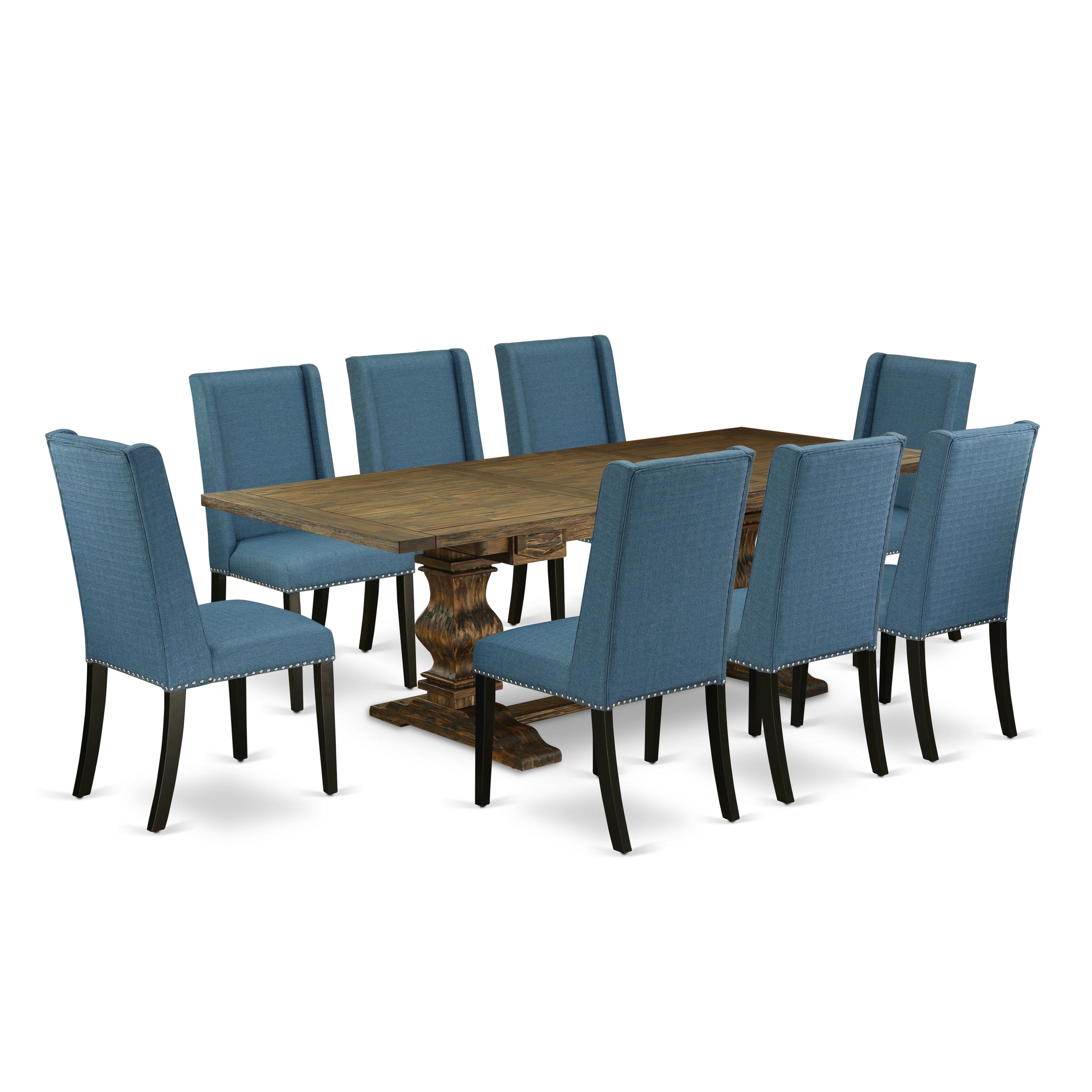 Juego de muebles de comedor East West Furniture LAFL9-71-21 de 9 piezas. Incluye una mesa rectangular de madera con diseño de hojas de mariposa y 8 sillas de comedor Parson de tela de lino azul.